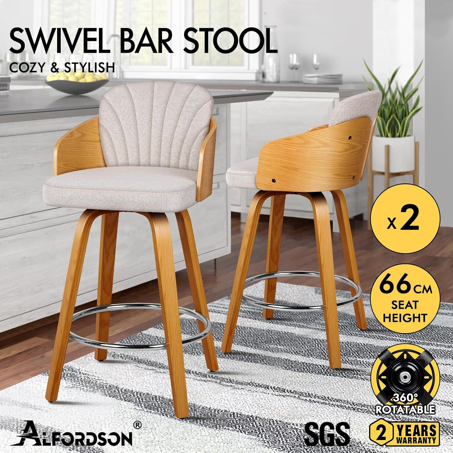 ALFORDSON 2X Bar Stools, Adjustable Kitchen Stools in 66Cm Seat Height, Swivel Fabric Home Bar Counter Barstools with Chrome Steel Footrest, Dining Chair with Anti-Slip Floor Protector, Alice Grey