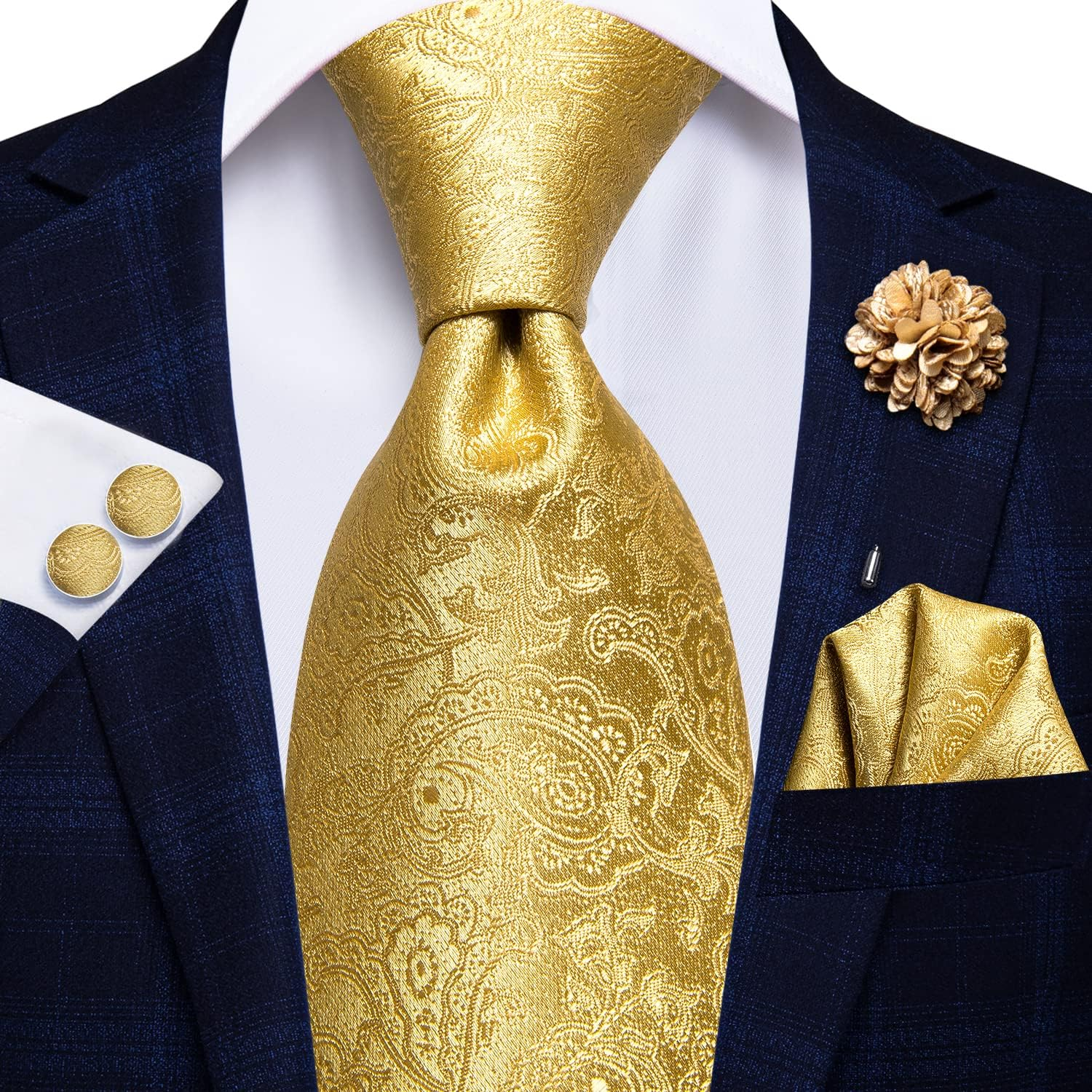 Hi-Tie Silk Men'S Tie and Pocket Square Cufflinks Lapel Pin Set Jacquard Wedding Business Necktie for Formal - Black Purple Green image number 4