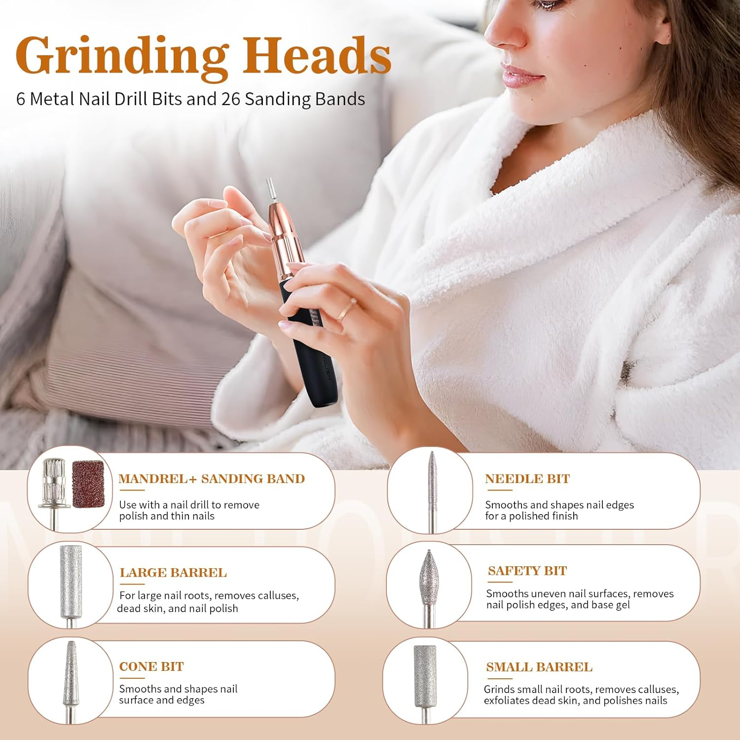 ELEHOME Electric Nail Drill File, Cordless Nail Drill for Acrylic Gel Dip Powder Nails, Rechargeable Electric Nail File Machine E File for Manicure Pedicure Polishing Shape, Black - Black image number 5