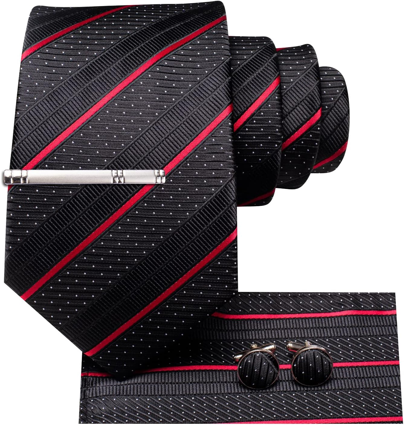 Hi-Tie Silk Ties for Men Solid Paisley Striped Necktie Pocket Square Cufflinks Clip Pin Tie Set - Burgundy Blue image number 5