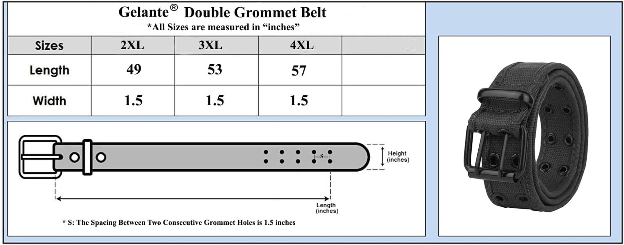 Gelante Canvas Double Grommet Hole Belt - Black, 15 Colors, Medium, Large, X-Large image number 5