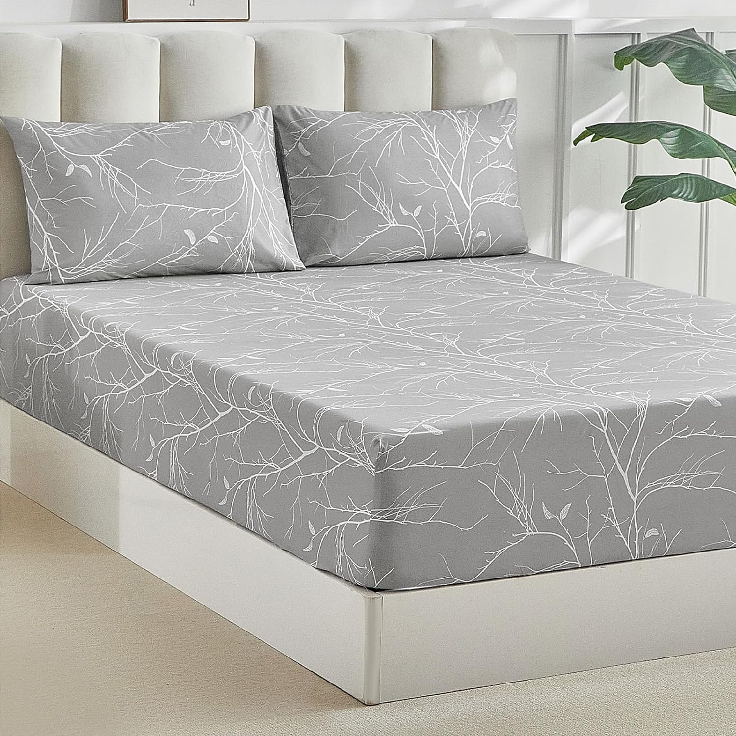 Tokokimo Fitted Sheet 180 X 200 Cm, 35 Cm Large Pockets with 2 Pillowcases 50 X 80 Cm - Soft, Double-Sided Microfibre Duvet Cover with Branch Motif, Grey/White image number 4