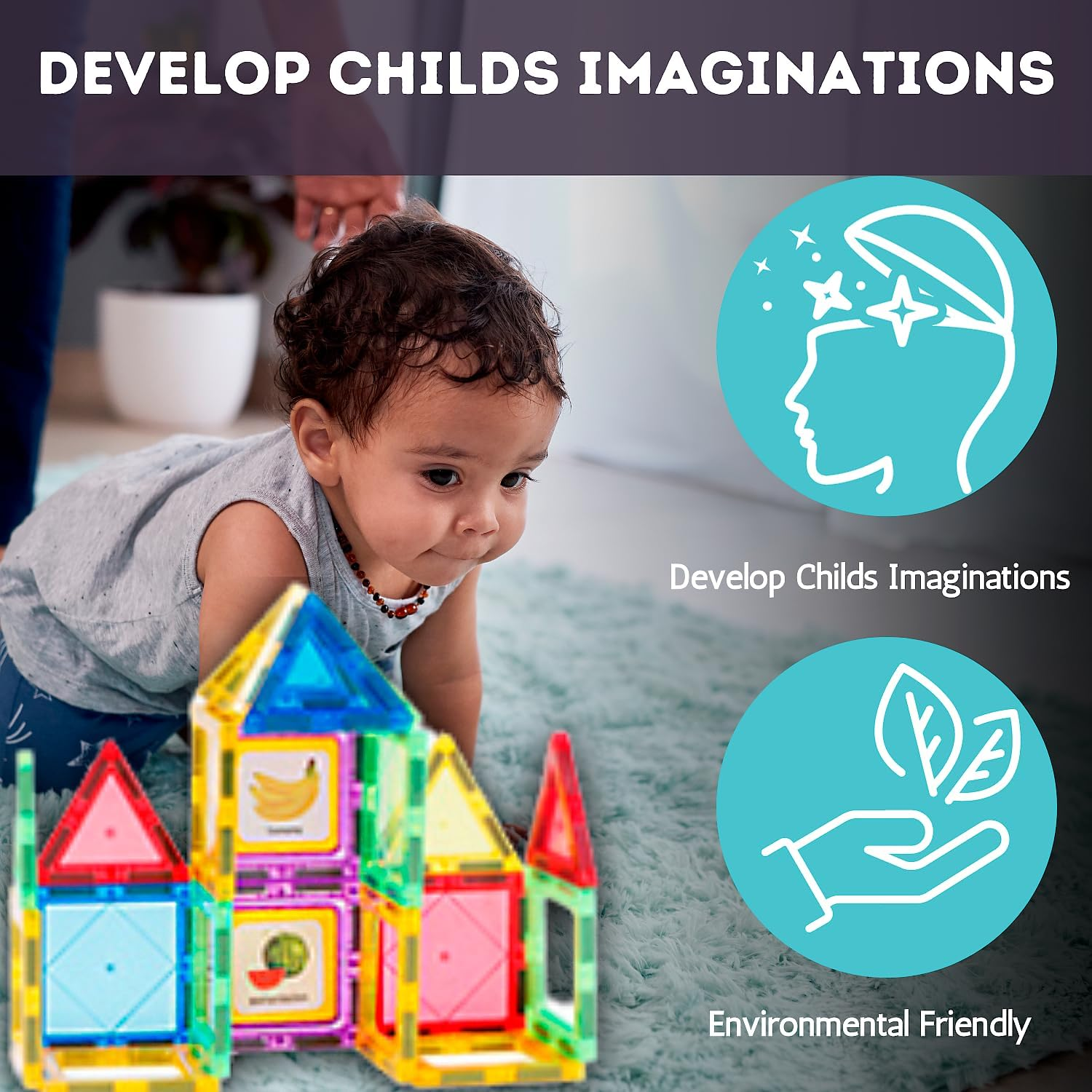 AKMA Magnetic Tiles Building Blocks Set - 103Pcs Magnetic Blocks Including Car, Secure Rivets, Bpa-Free, Rainbow Colors, STEM Learning Toys for Kids, Toddlers, Boys & Girls, Inspiring Montessori Fun image number 3