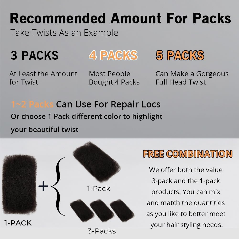 FASHION IDOL Afro Kinkys Bulk Real Hair for Dreadlock Extensions 10 Inches 1 Pack 50 G Natural Black Loc Repair Afro Kinky Braid Real Hair for Locs 1.8 Oz (Natural Black, per 16 Inches)