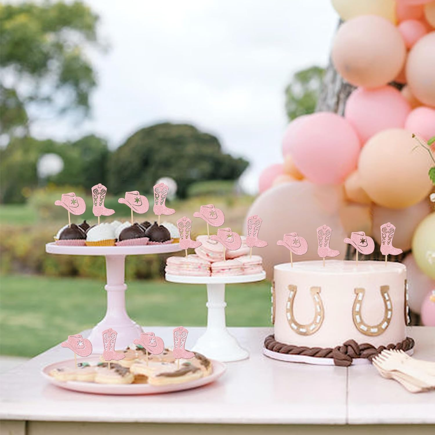 SYKYCTCY 24 Pack Cowboy Cupcake Toppers Glitter Hat Boot Cupcake Picks Western Cowboy Birthday Cake Decorations for Western Theme Baby Shower Birthday Party Supplies (Pink) - Brown image number 2