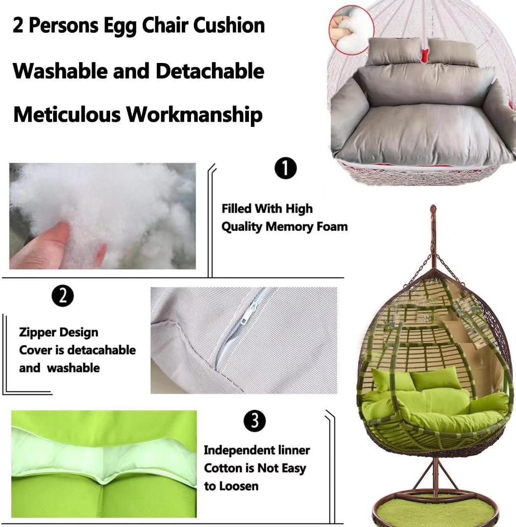 Hanging Swing Chair Seat Cushion for Garden Furniture, Waterproof Double Papasan Chair Cushion with Pillow, Large Thicken Hanging Egg Hammock Chair Cushion Replacement for Patio Flower image number 2