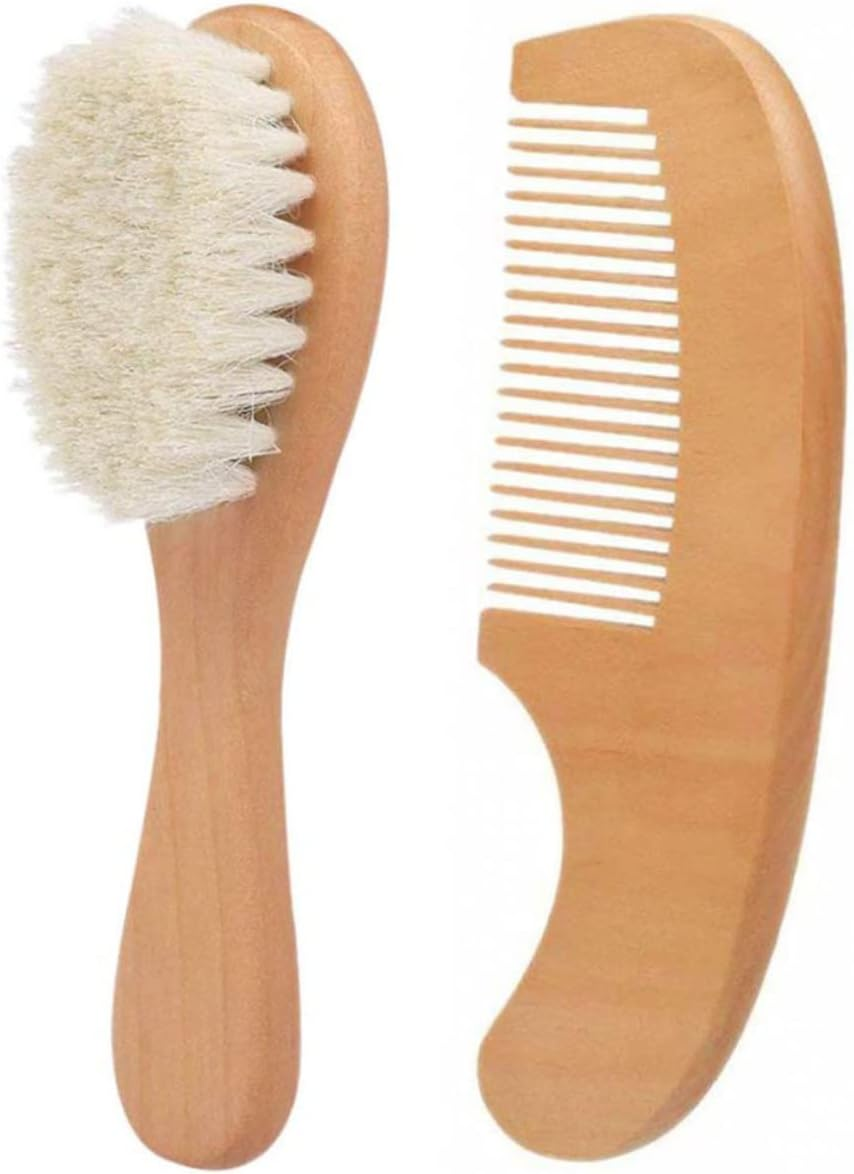 SHERCHPRY Wooden Handle Baby Comb and Brush Set 2Pcs Hair Care Kit for Infants Soft Wool Brush and Comb for Newborns for Bathing and Daily Grooming image number 2