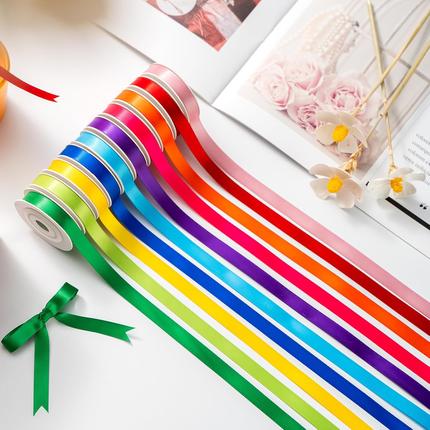 Satin Ribbon Rainbow Double Faced Ribbon 10 Colors,3/8 Inch X 5 Yd Fabric Ribbons for Gift Wrapping Flower Bouquet Wedding Decoration Bows10 Rolls image number 5