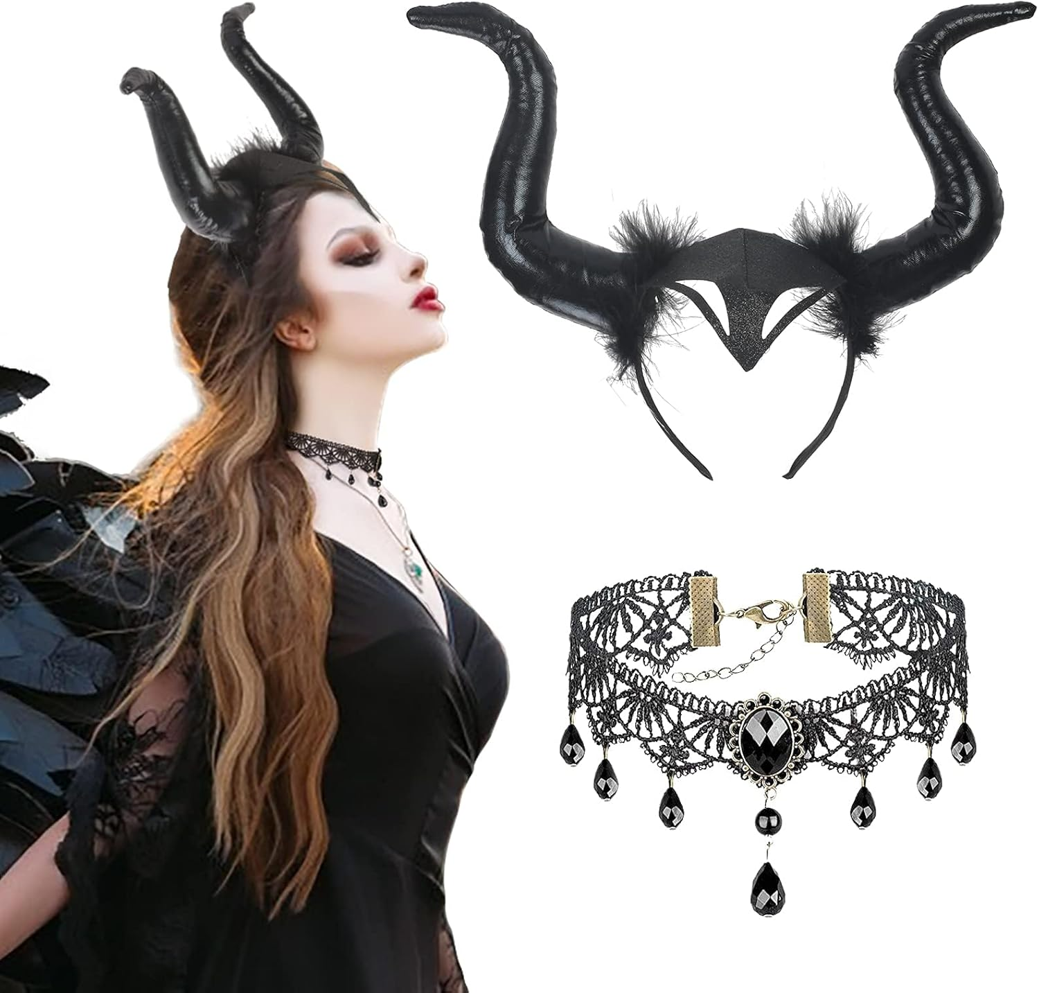 LAMEK 2 X Queen Horns Headpiece Women'S Halloween Headband with Gothic Retro Lace Necklace Devil Horns Costume Evil Headband Black Hairband for Carnival Masquerade Cosplay