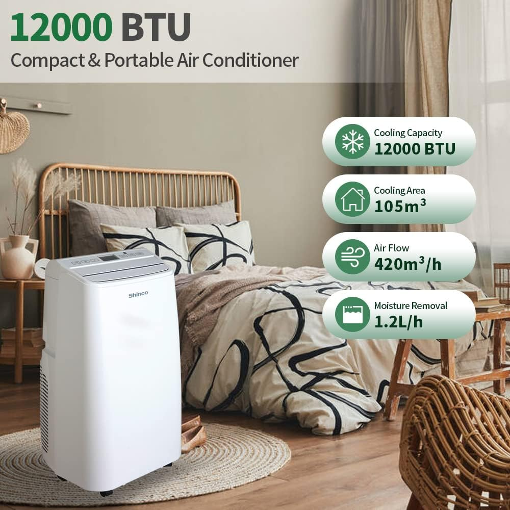 Shinco 12000BTU Portable Air Conditioner, 3.5Kw Portable AC Unit W/Cooling, Dehumidifier & Fan, 3-In-1 Air Cooler W/Remote Control, Window Mount Kit, LCD Display, 24H Timer, for 35㎡/105M&sup3; Home, Office
