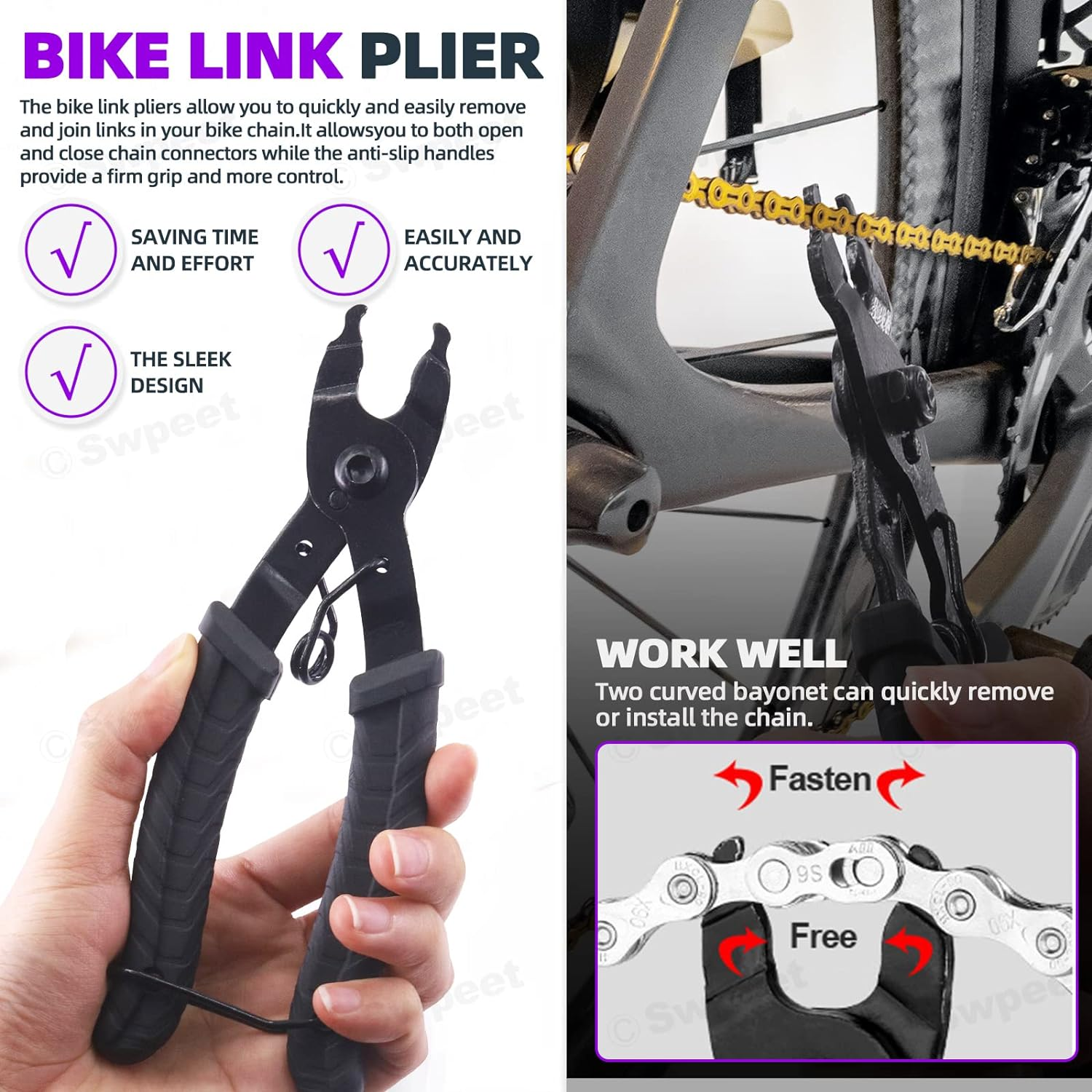 Swpeet 11Pcs Bike Chain Repair Tool Assortment Kit, Including Bike Chain Plier, Bicycle Chain Master Link Pliers, Wear Indicator Chain Checker, Chain Breaker Splitter Tool and Missing Link Connector