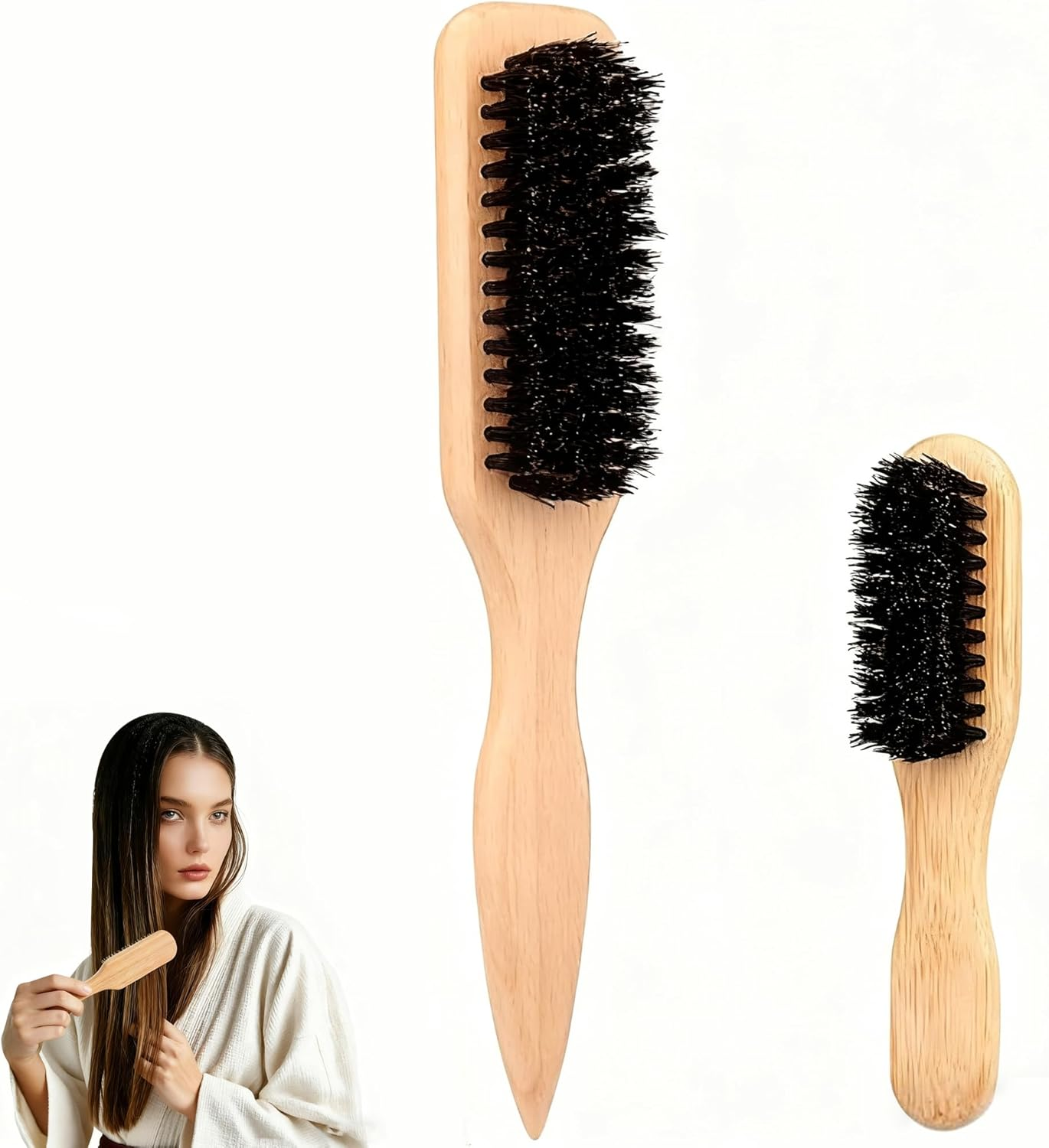 2-Pack Slick Back Boar Bristle Hair Brush, Anti-Static Wooden Handle Styling Brush for Men & Women, Slick Brushes for Hair & Beard Care (Large for Household & Small for Travel) image number 6