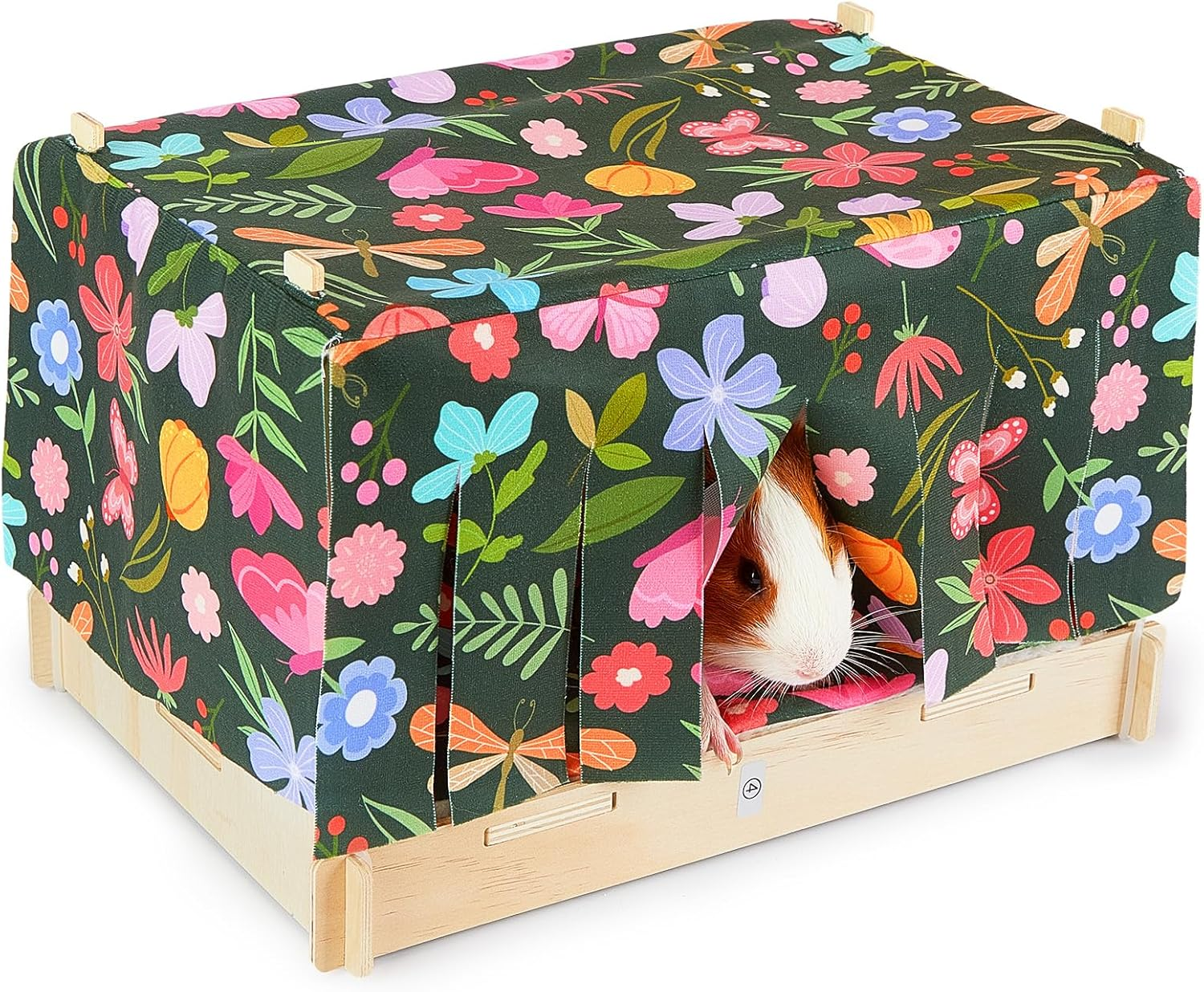 Hedgeink Guinea Pig Bed Wooden Hamster House with Waterproof Mat Rabbit Hideout Small Animal Hide Cage with Door Curtain for Hedgehog Chinchilla Bearded Dragon Ferret Bunny