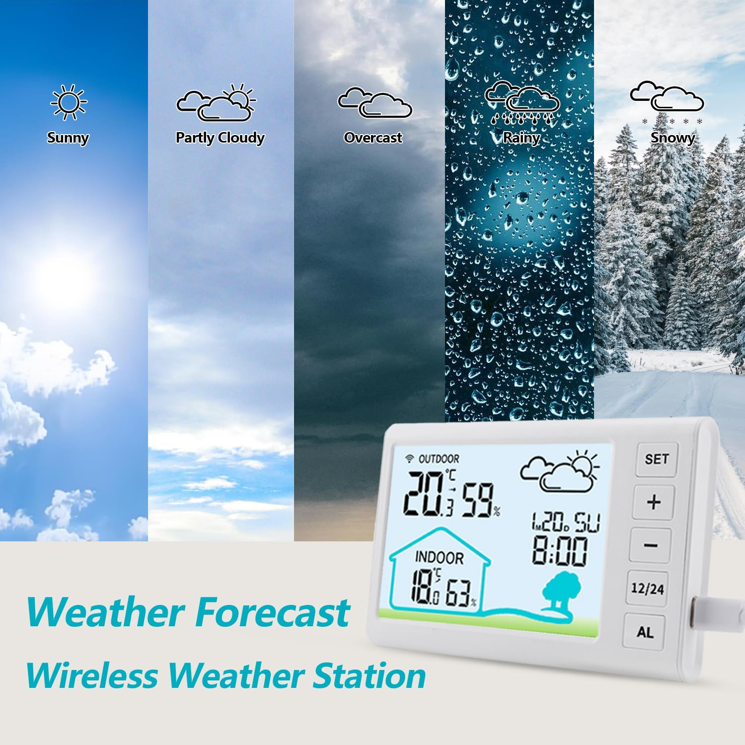 Timloon Wireless Weather Stations Indoor Outdoor Temperature Humidity Monitor with 30M-100M Range Remote Sensor, Weather Forecast, Time, Calendar, Alarm, Backlight for Home, School, Greenhouse image number 5