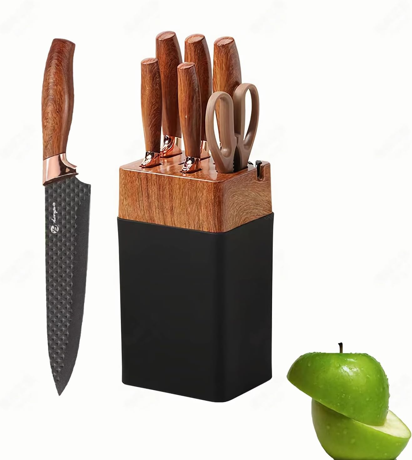 Knife Set, 7 PCS Stainless Steel Kitchen Knife Block Set with Built in Knife Sharpener, Black Non Stick Coated Knife, No Rust and Sharp Knife,Best Giftdark Brown Handle