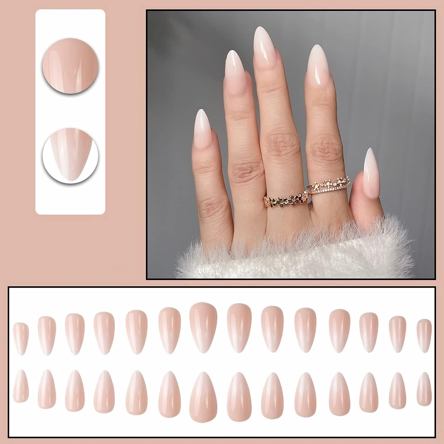 Press on Nails Medium Almond Fake Nails Gradient Nude Glue on Nails with Natural Design Glossy Full Cover False Nails Artificial Nails for Women image number 4