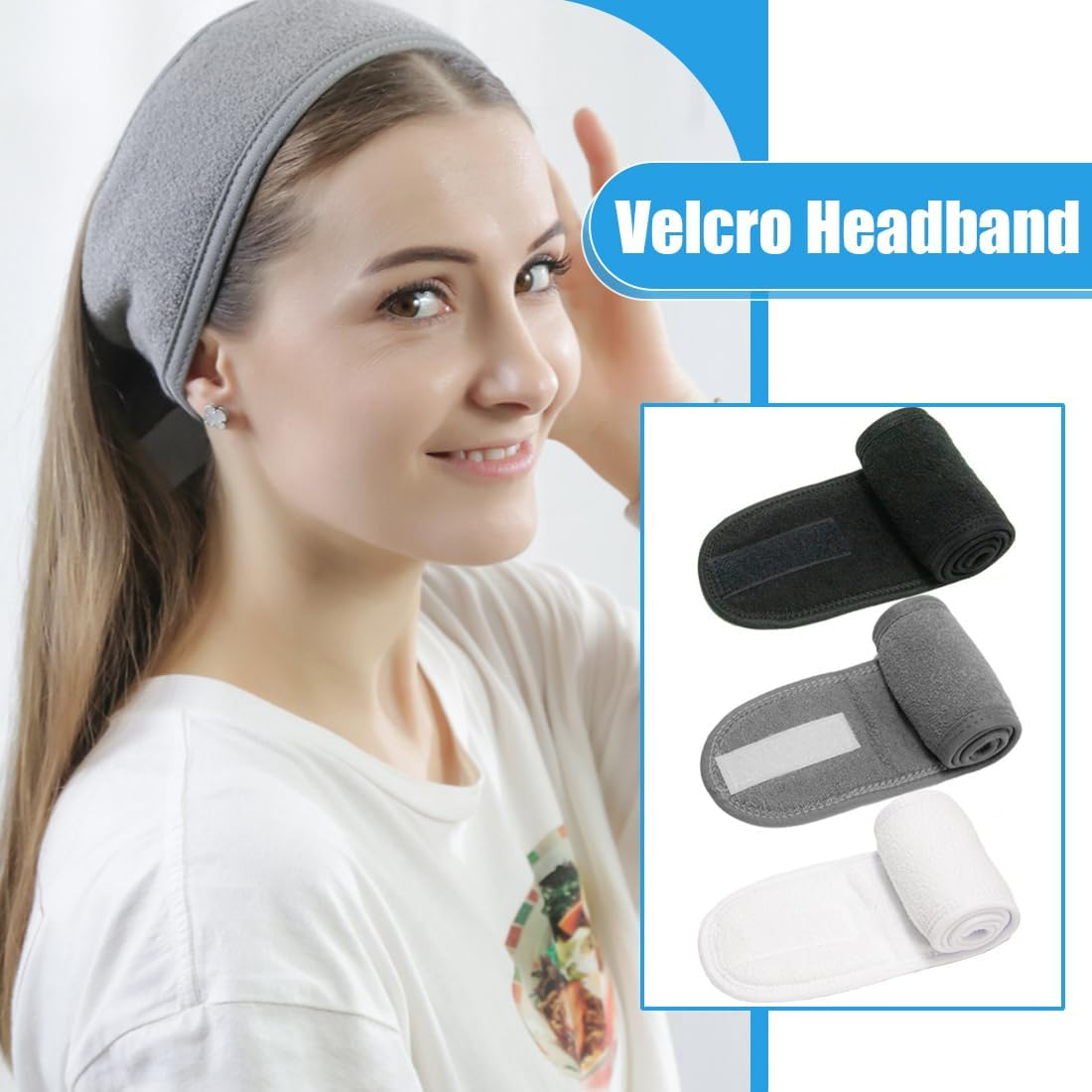 Pack of 3 Cosmetic Headband Terry Cloth Hair Protection Band with Fastening for Cosmetic Treatments Hair Protection for Make-Up, Sports, Yoga image number 4