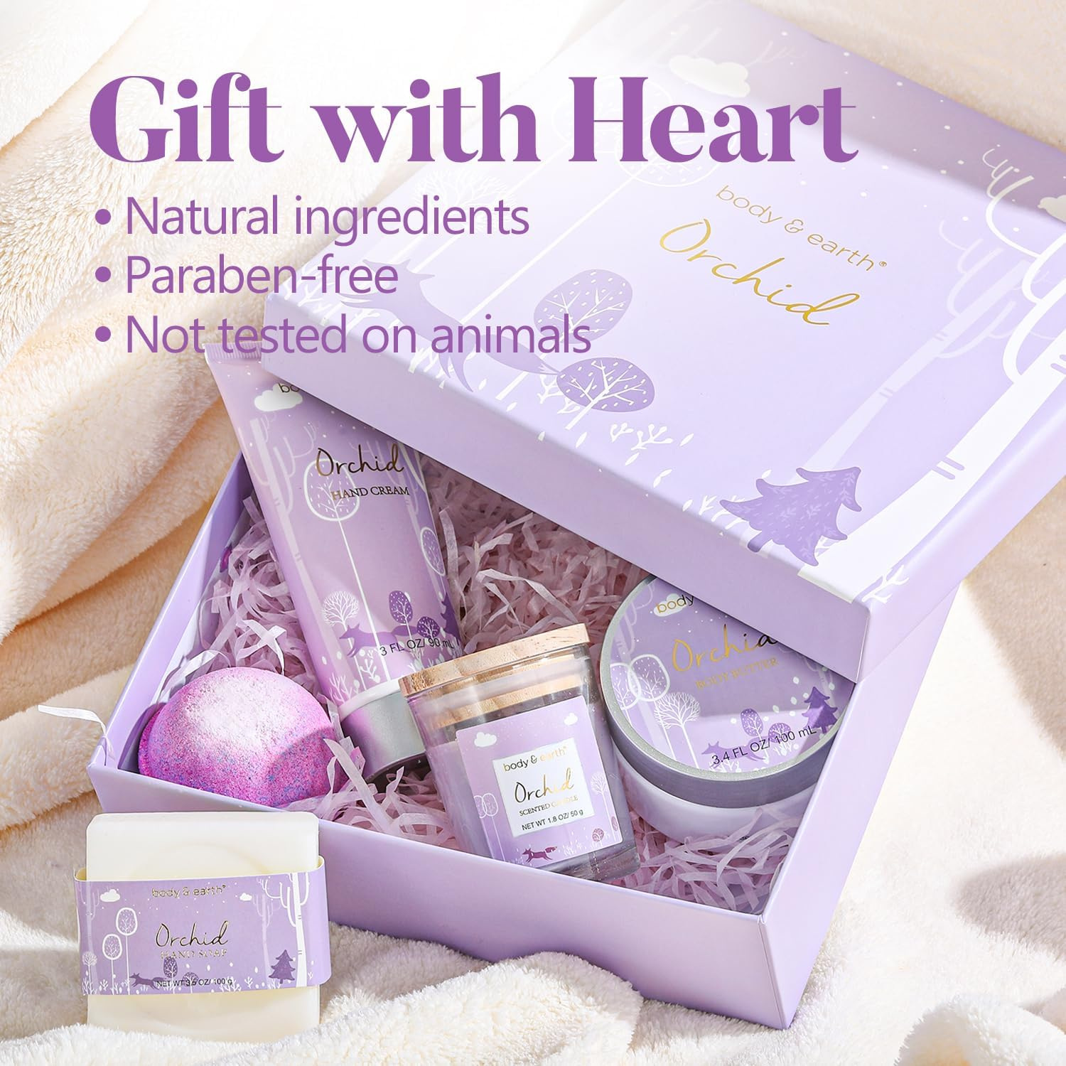 Body & Earth Bath Spa Gifts for Women - Gift Set for Women, 5 Pcs Bath Set with Orchid Scented Candle, Body Butter, Hand Cream, Bath Bar and Bath Bomb, Birthday Gifts Box for Women, Valentines Day Gifts. image number 6