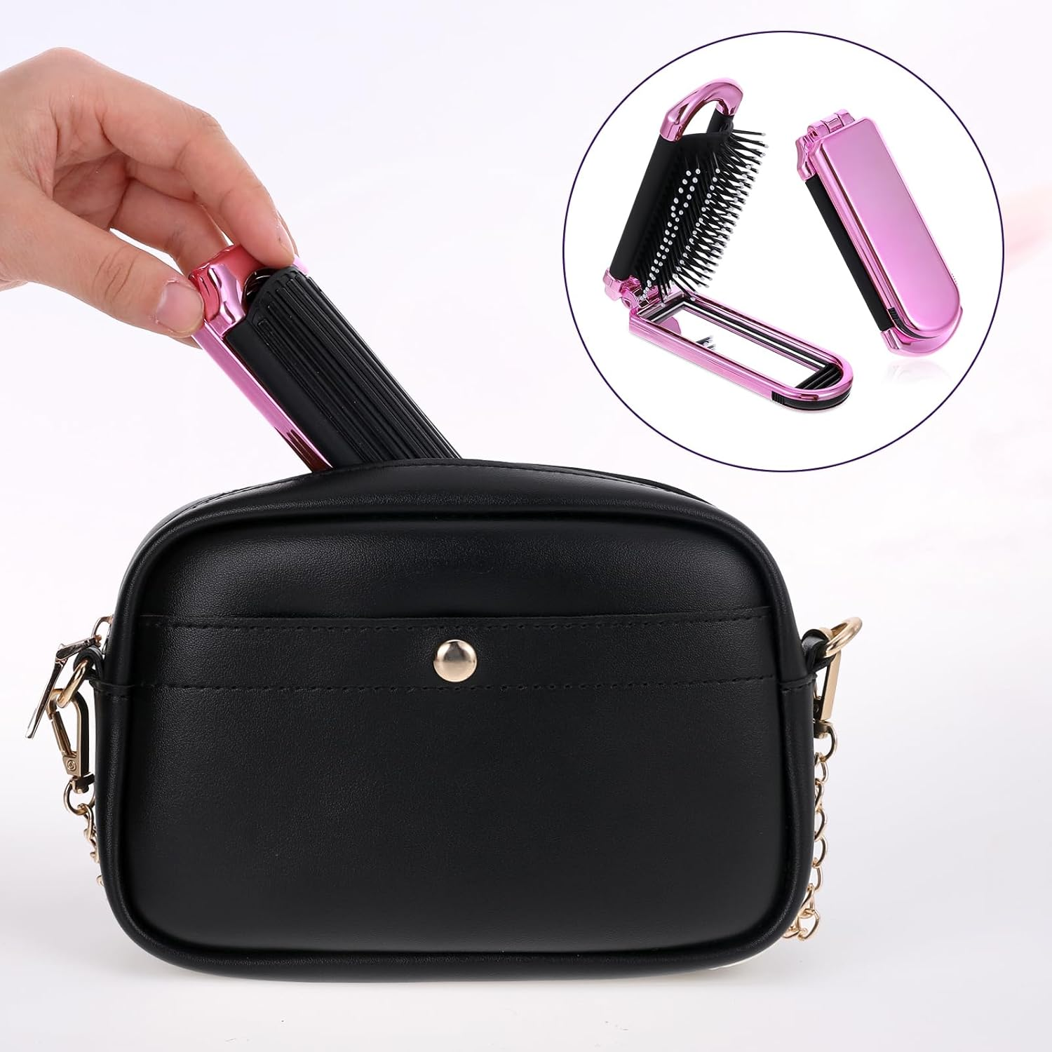 Mozeat Lens Mini Travel Hair Brush, Small Foldable Hair Brush, Compact Hair Brush with Mirror Nylon Bristles for Women and Men, Portable Pocket Comb for Car, Sports Bag, Handbag (Electroplating Pink) image number 5