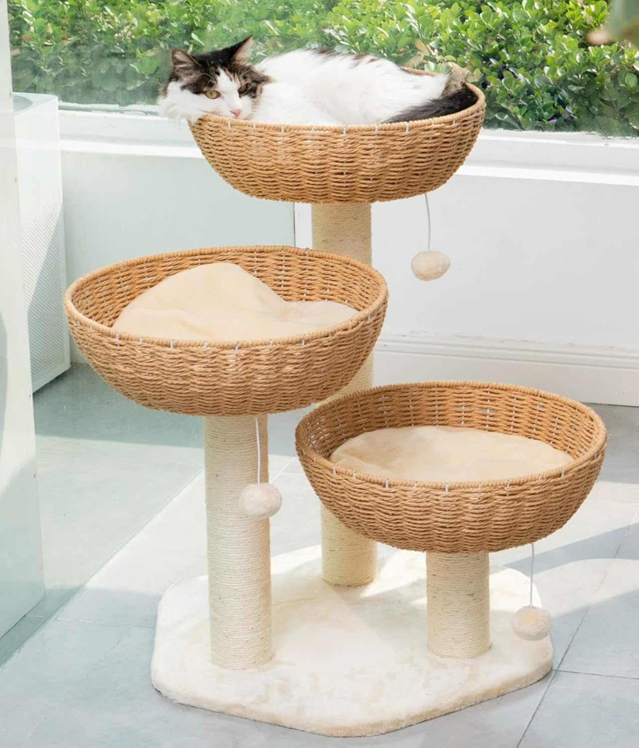 SHENGOCASE Cat Tree Tower with Rattan Wicker Basket, 3 Handwoven Large Nest Baskets Bed, Window Perch for Large Cats up to 20LBS image number 5