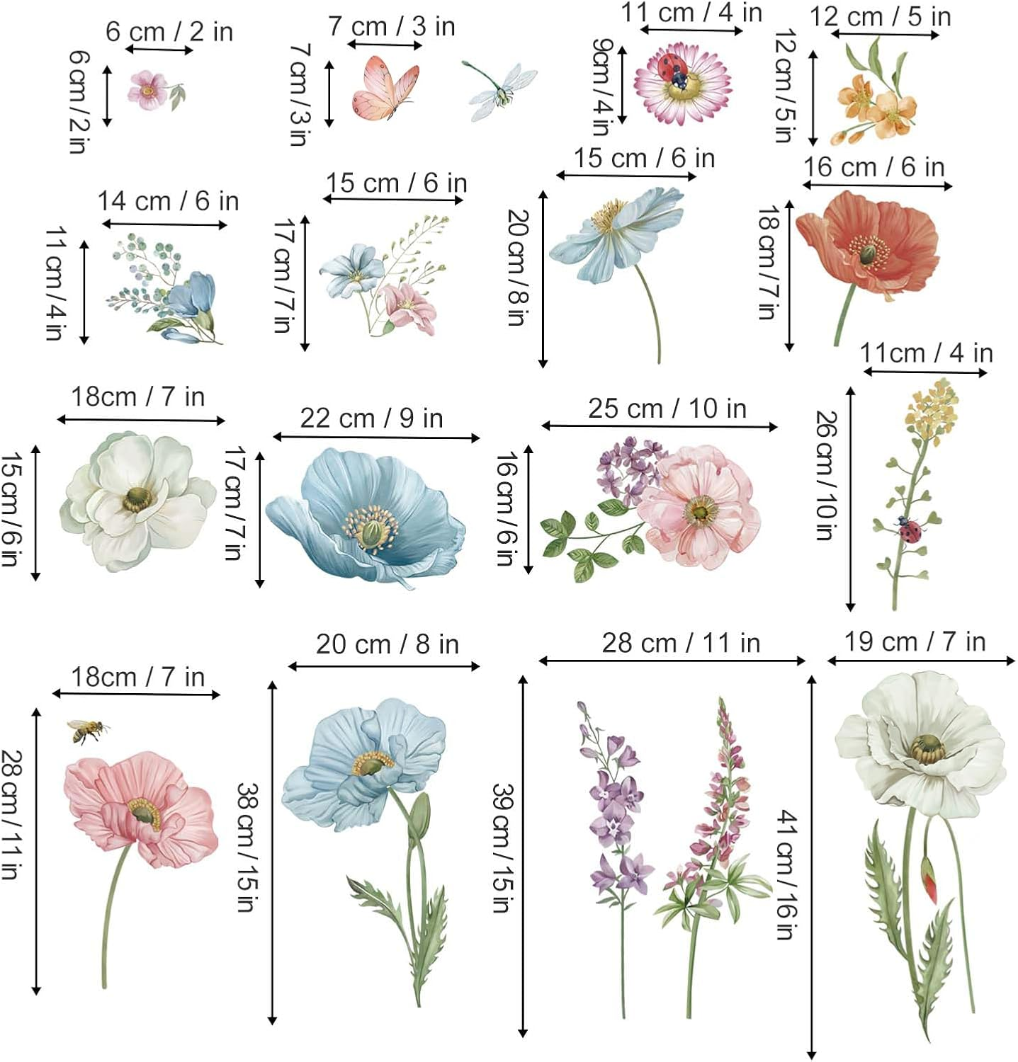 Wondever Watercolor Poppy Floral Wall Stickers Garden Flower Peel and Stick Wall Art Decals for Bedroom Living Room TV Wall image number 6