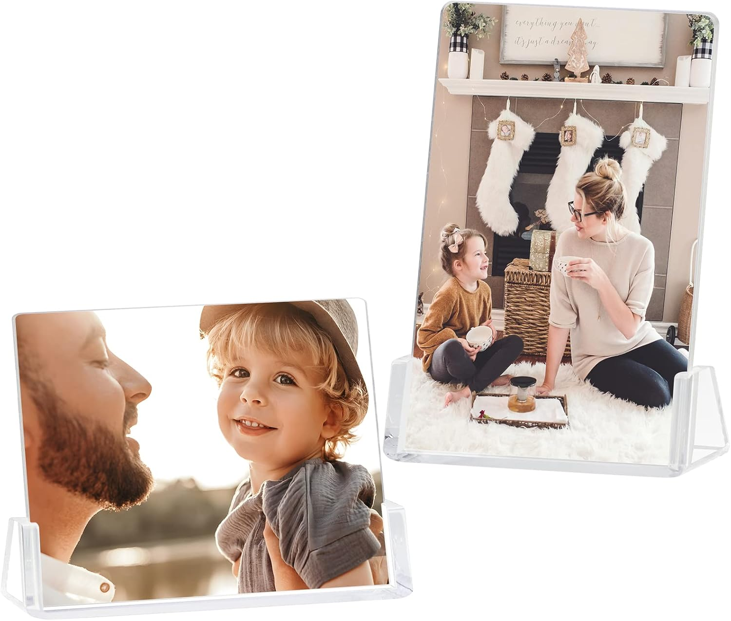 Boxalls 2 Pack Acrylic Picture Frames 6X8 with Clear Base Stand, Frameless Photo Frame for Tabletop or Desktop Display (Horizontal + Vertical)