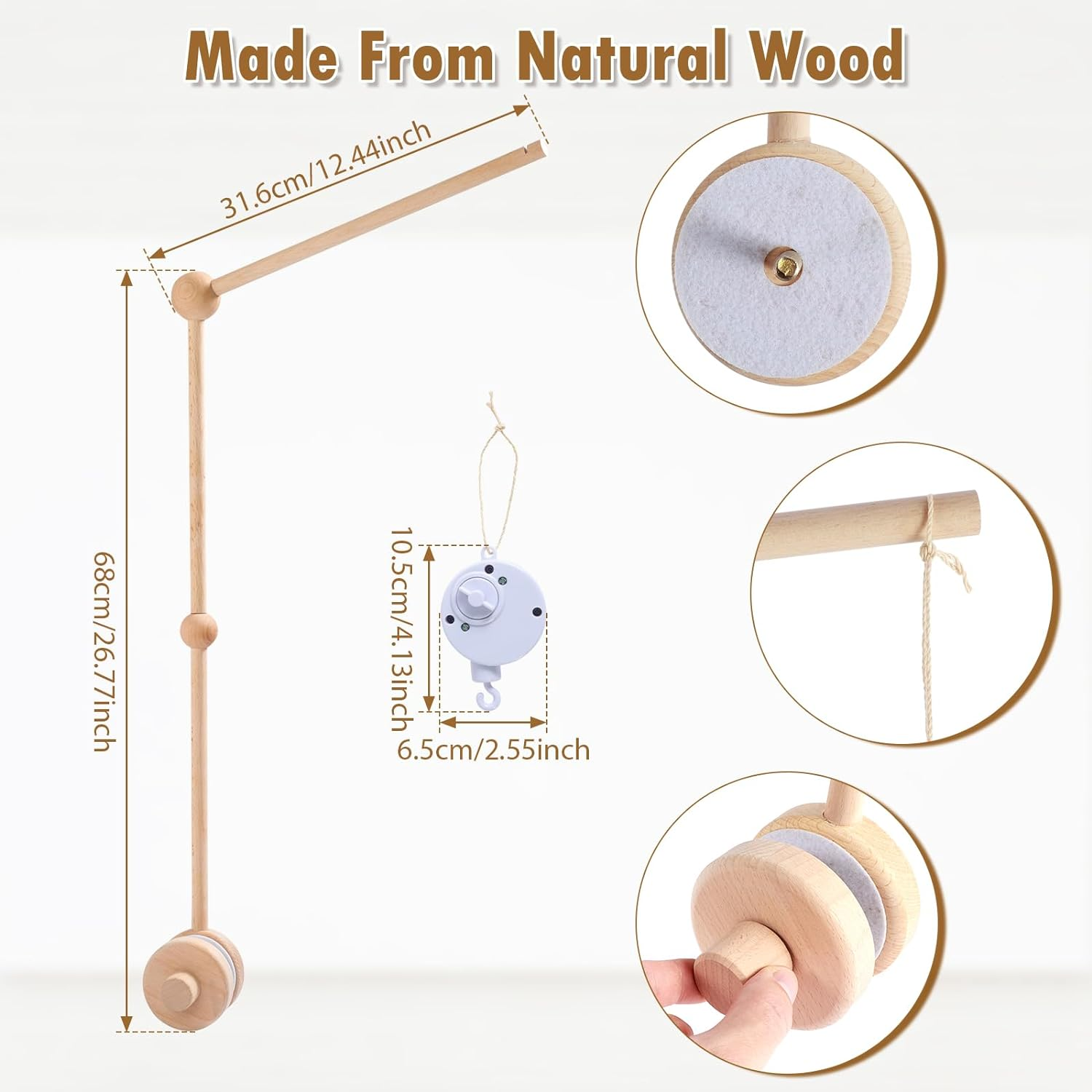 Baby Crib Mobile Arm 27Inch Wooden Crib Mobile Holder with Clockwork Music Box anti Slip Baby Mobile Holder Arm Safe Nursery Baby Mobile Hanger for Crib Baby Bed Nursery Decor image number 1