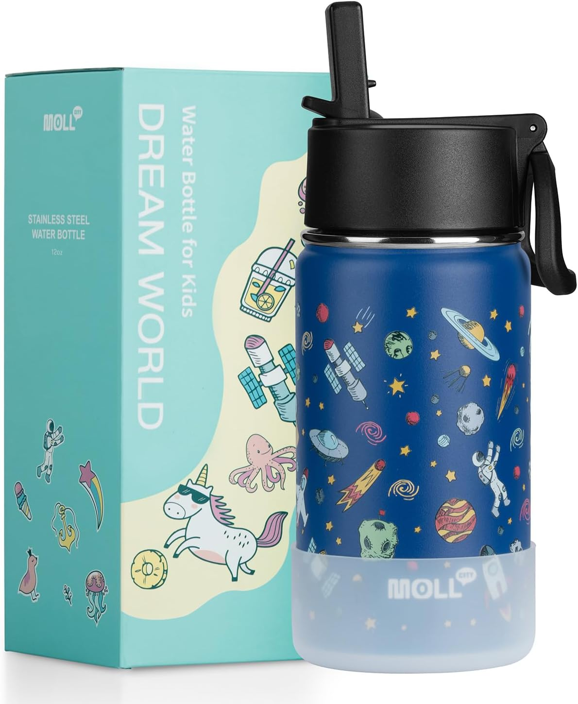 350ML Water Bottle with Straw Stainless Steel Double Wall Vacuum Insulated Water Bottle for Girls, Reusable Metal Water Flask BPA Free -Unicorn