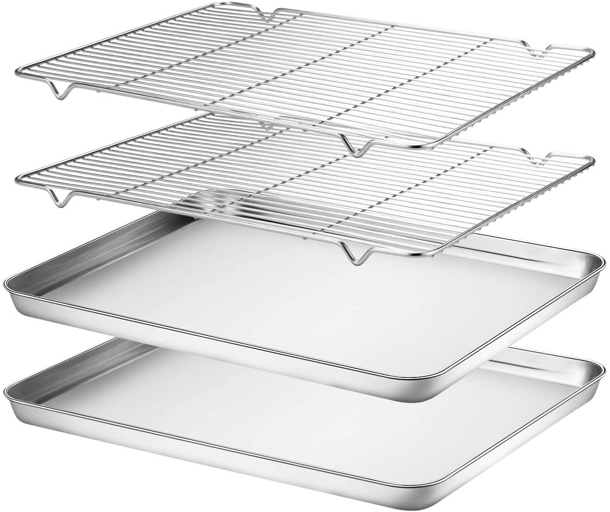 Wildone Baking Sheet & Cooling Rack Set [2 Sheets + 2 Racks], Stainless Steel Cookie Pan with Cooling Rack, Size 16 X 12 X 1 Inch, Non Toxic & Heavy Duty & Easy Clean 16 X 12 X 1 Inch Silver image number 1