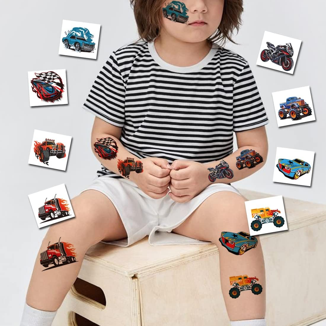 CHARLENT 148 PCS Kids Temporary Tattoos with Racing Car and Monster Truck - Individual Tattoos for Kids with Racing Car, Birthday Party Favors and Gift Bags image number 3