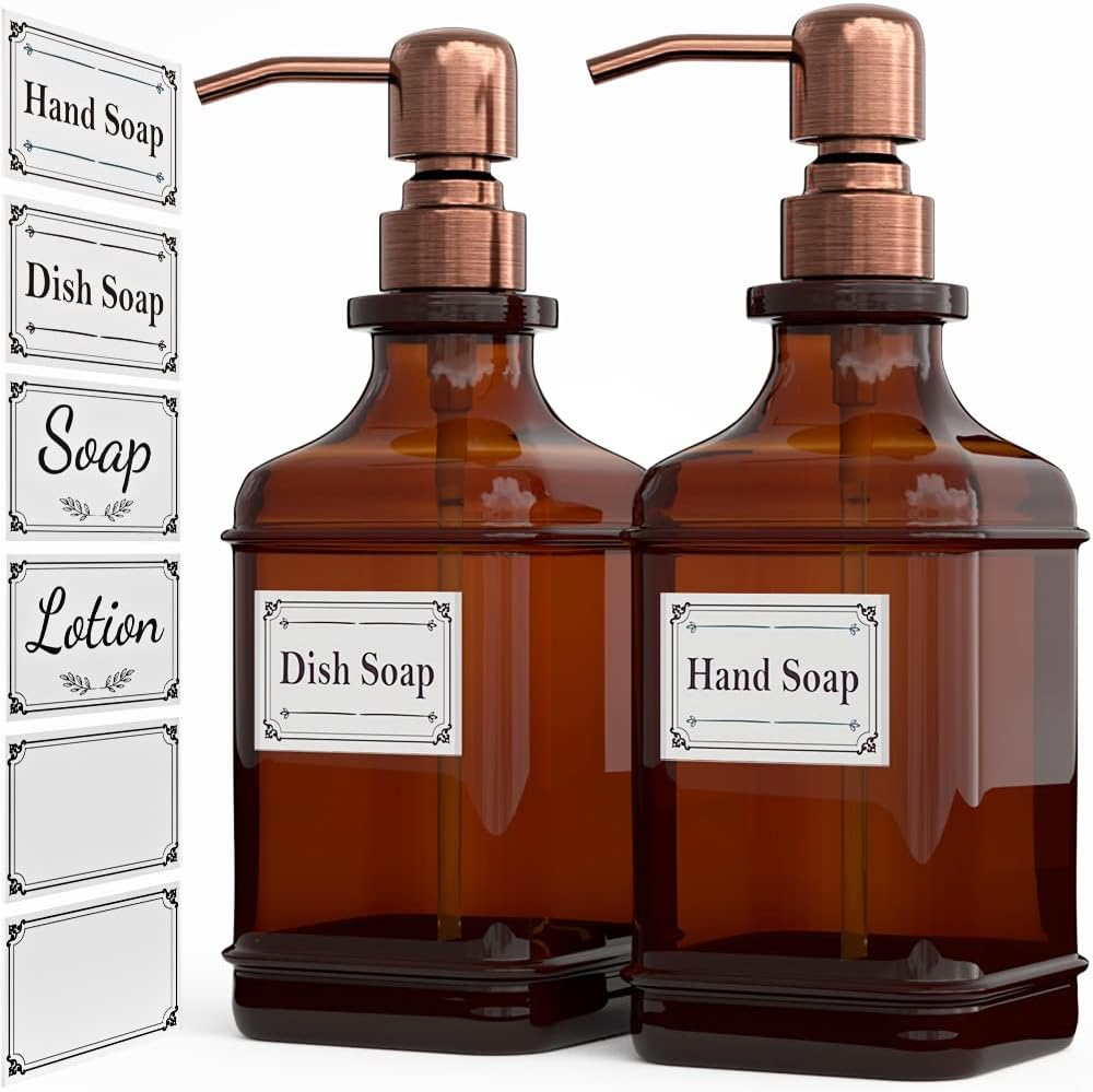 GLADPURE Soap Dispenser 2 Pack, Hand Soap Dispensers with 18 Oz Antique Design Thick Amber Glass Bottle, 316 Rust Proof Stainless Steel Black Pump, 6Pcs Stickers, for Lotion, Soap, Essential Oil