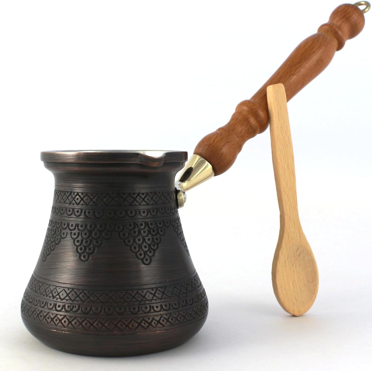 DEDE Copper - PCZ Series (Large-14Fl.Oz) - Thickest Solid Copper Engraved/Hammered Turkish Greek Arabic Coffee Pot with Wooden Handle, Stovetop Coffee Maker Cezve, Jezve, Jazva, Ibrik, Briki (Matte)