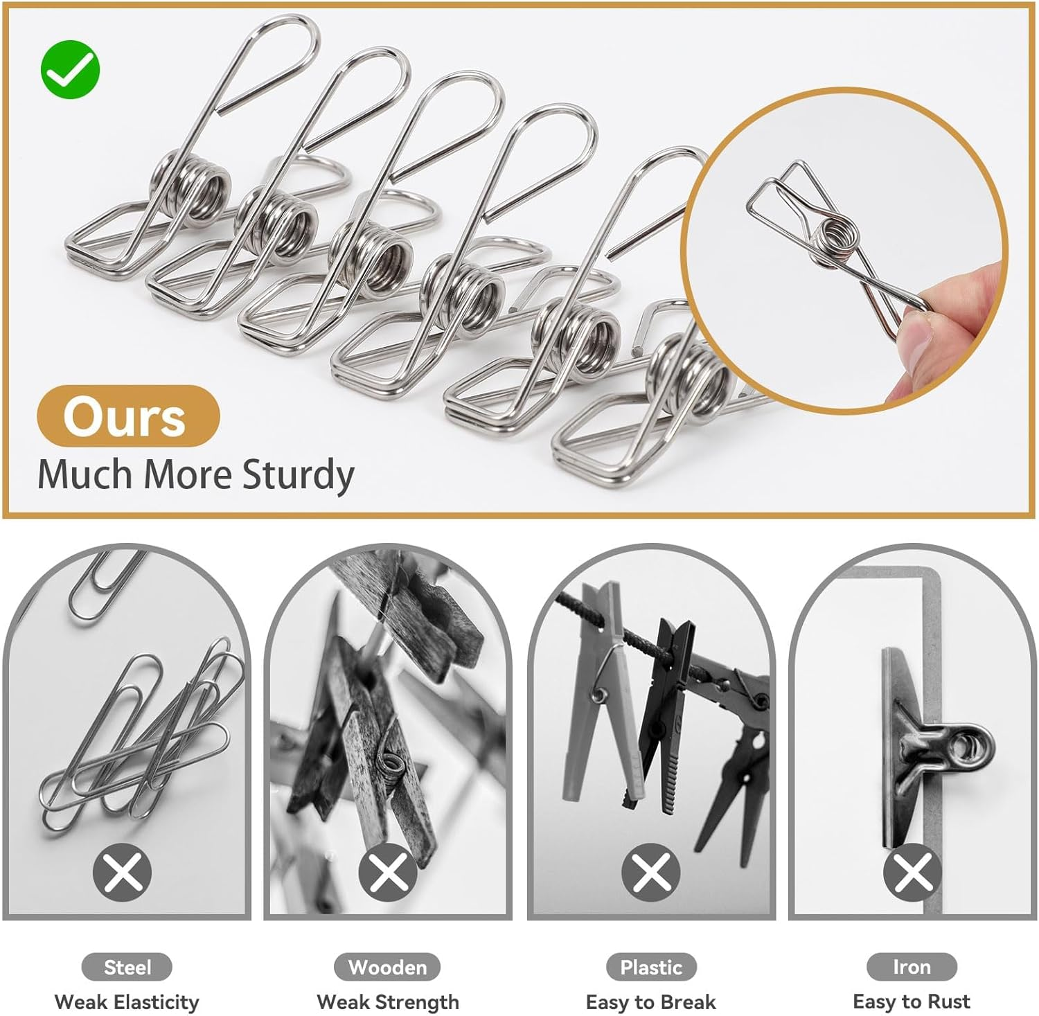 60 Pack 2.36" Stainless Steel Silver Clothes Pegs Wire Clothes Pins Heavy Duty Clothes Pin Clips for Laundry Home Kitchen Outdoor Travel Office image number 3