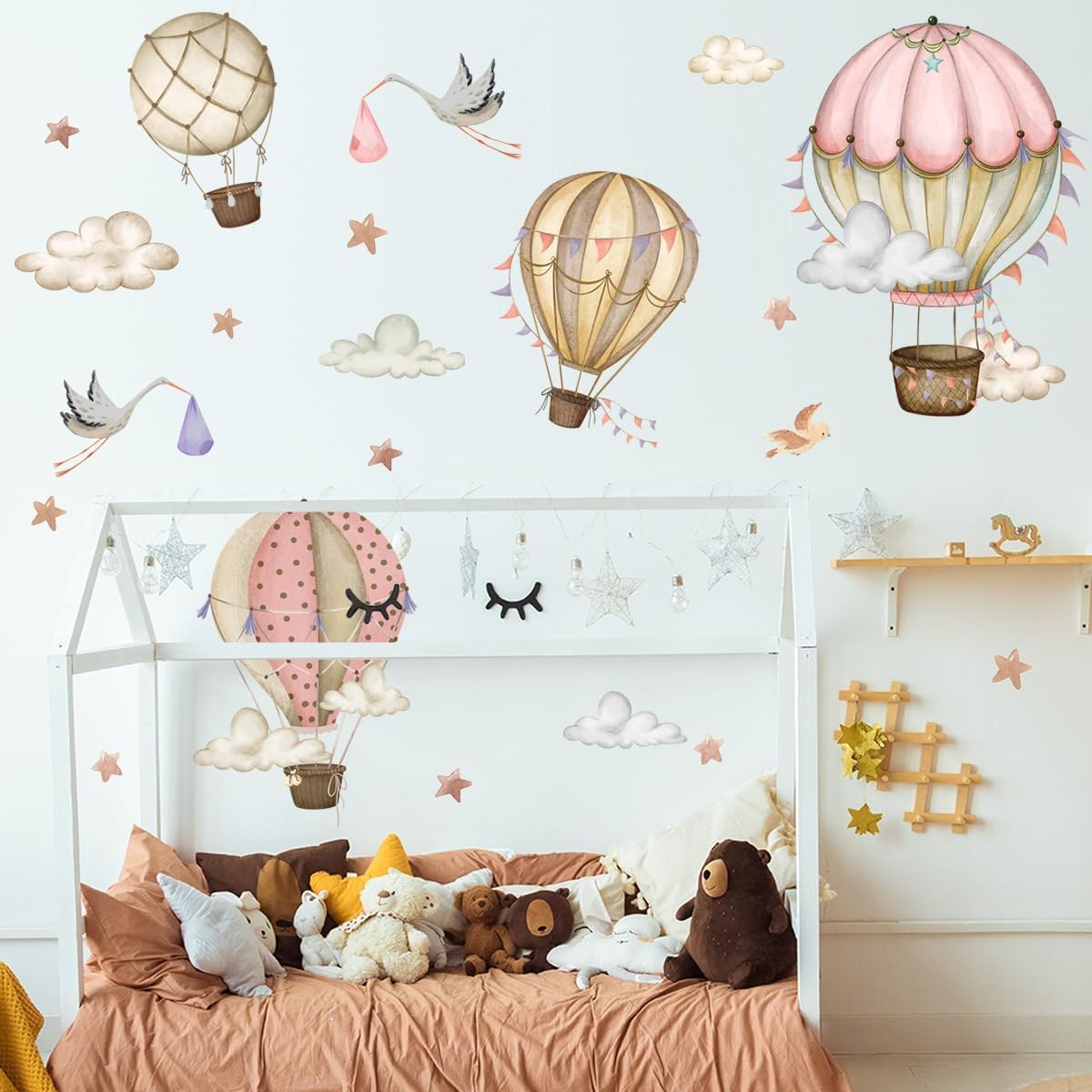 Removable Hot Air Balloons Wall Decals Watercolor Balloons Birds Stars Wall Stickers DIY Hand Painting Hot Air Balloons Clouds Flags Decor for Kids Girls Bedroom Living Room Nursery Decor image number 1