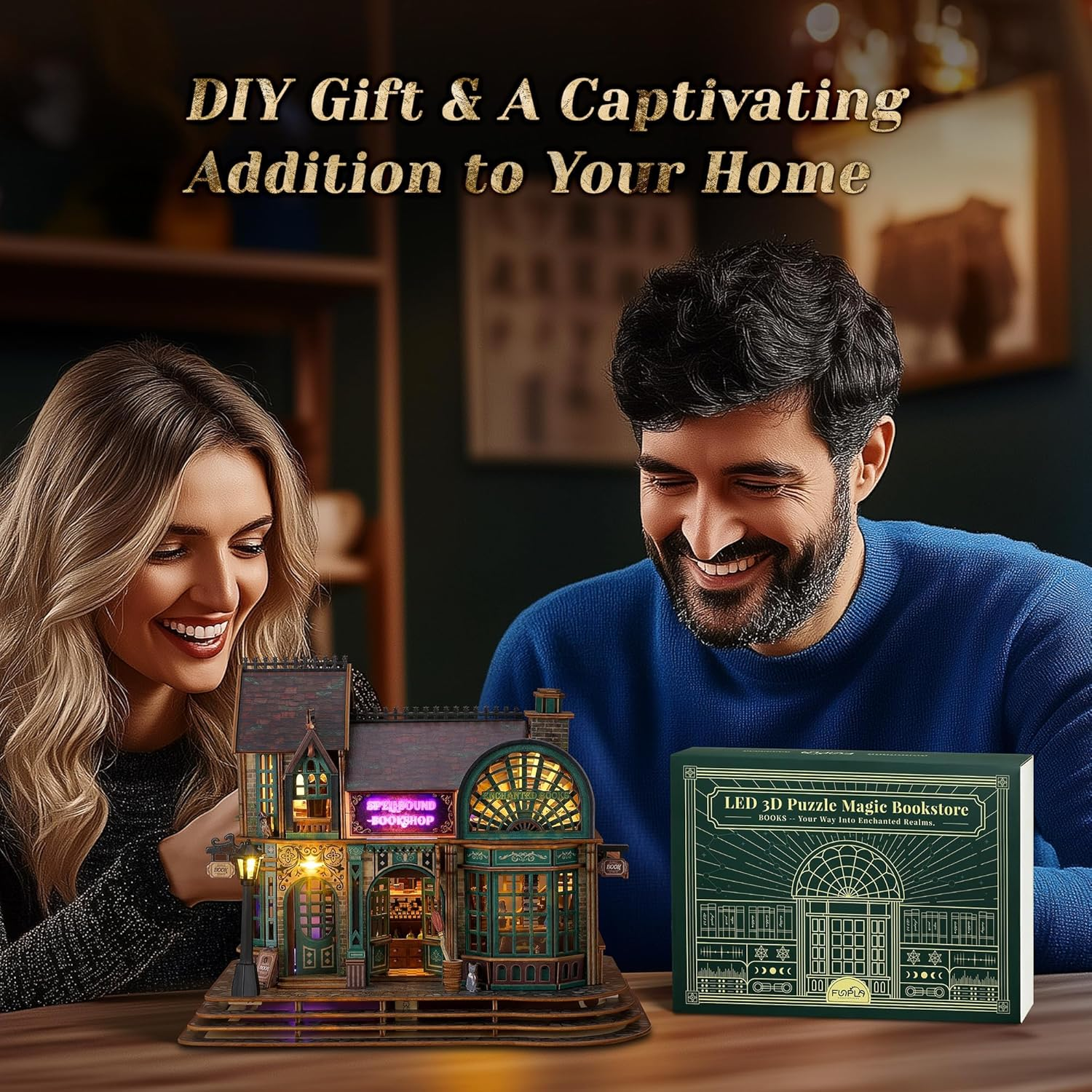 LED 3D Wood Puzzle - Magic Bookshop Building Model Kit with Leds - DIY Miniature Magical Bookstore - 3D Puzzle Architecture Craft Adults