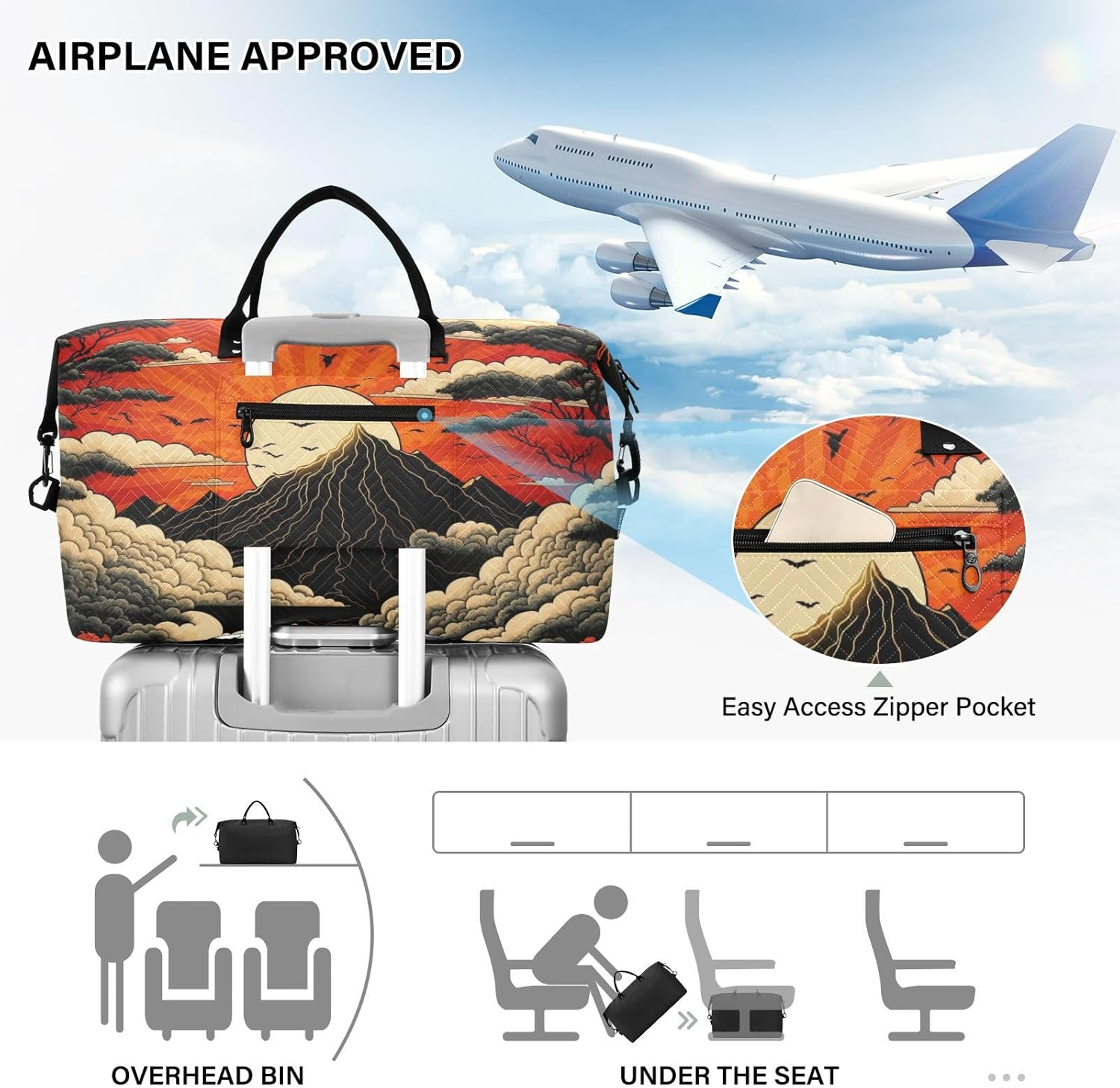 Duffel Bag Set with Toiletry Bag for Travel Gym Sport, Luggage Sleeve Weekender Bags Carry on Overnight Bag-Traditional Japanese Painting Print, Multicolored, 20.5 X 7.9 X 13.8 Inches+9.1 X 3.5 image number 2