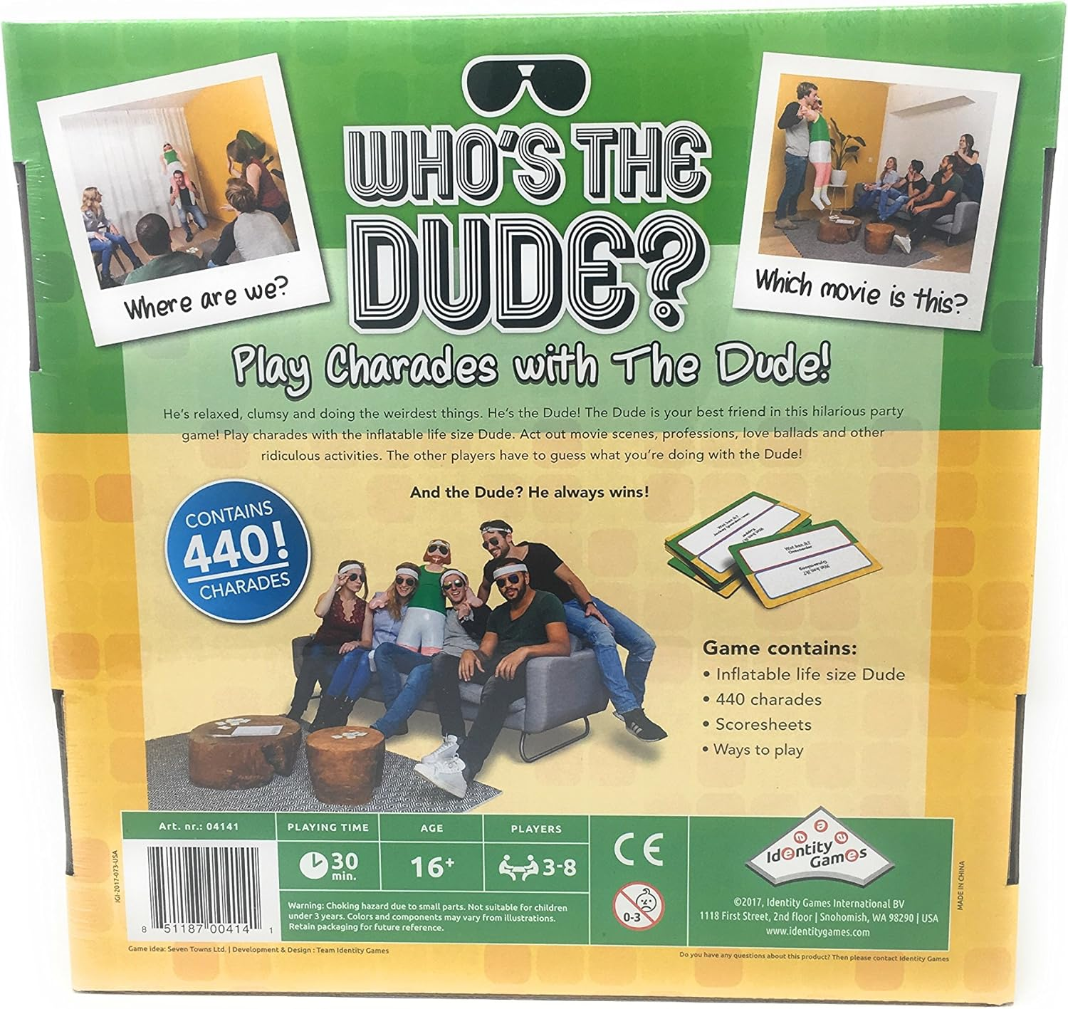 Identity Games Who'S the Dude Charades Game - Use the Life Size Inflatable Dude to Act Out up to 440 Hilarious Scenarios - Ages 16+,Green, Yellow image number 4