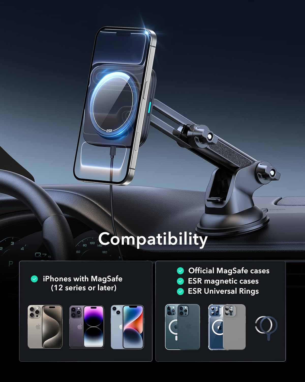 ESR for 15W Magsafe Car Mount Charger, Magsafe Car Charger, Dashboard/Windshield Magnetic Wireless Car Charger, Car Phone Mount for Iphone 17/16/15/14/Google Pixel 10/S25,Fast Charging, Black image number 5