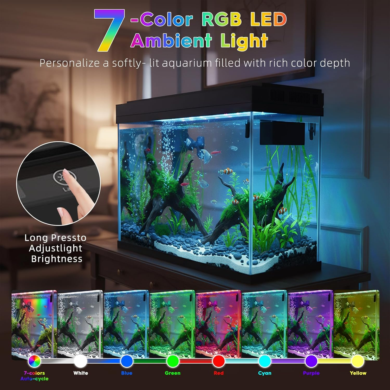 Smart Aquarium Small Aquarium Kit, 2.1 Gallon Fish Tank Kit with 7-Colour LED Light Scent Diffuser Humidifier Temperature Indicator image number 1