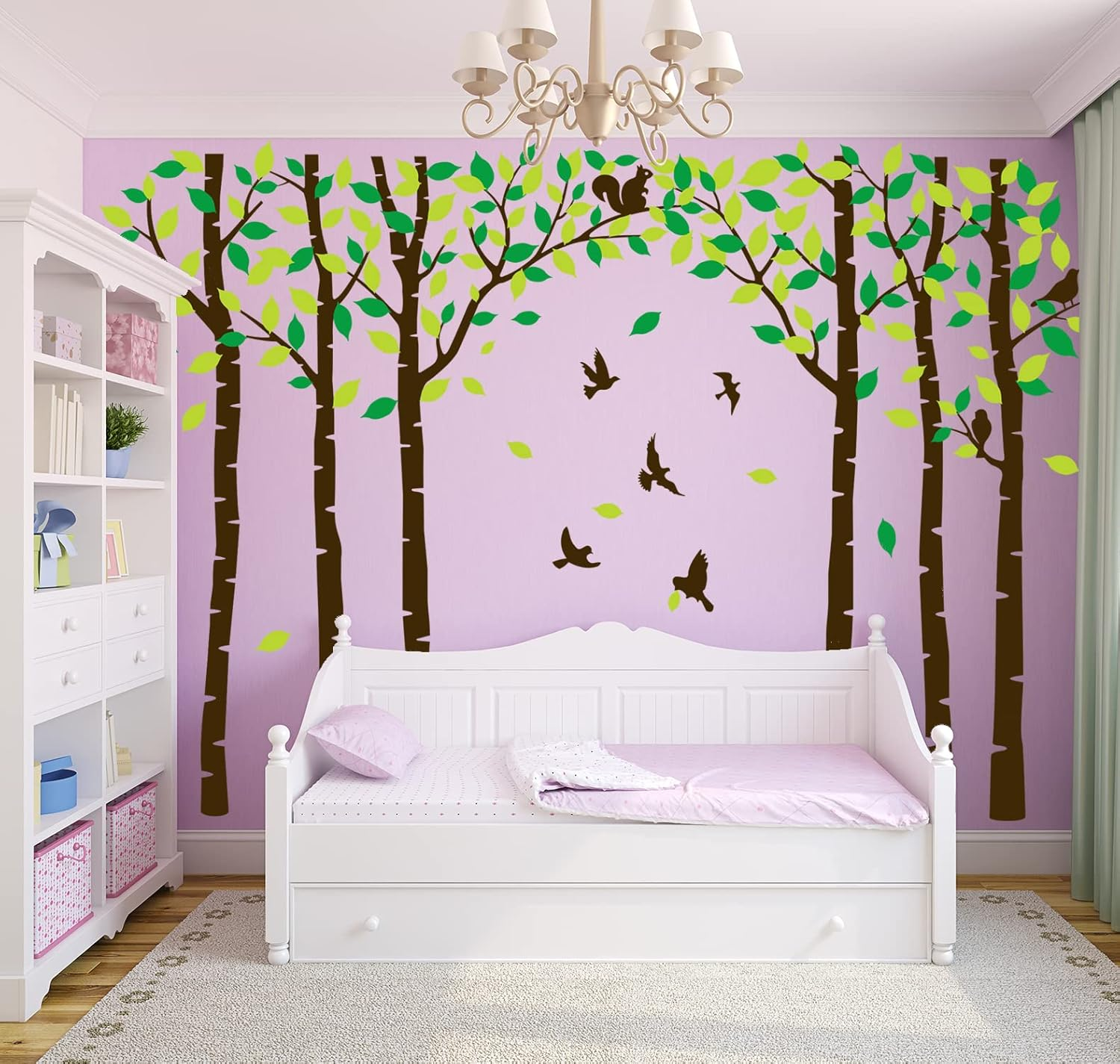 Six Birch Tree Wall Decals Birds Cute Squirrel Forest Wall Stickers for Kids Room Nursery Bedroom Living Room Classroom Decoration (Brown,Green) image number 4