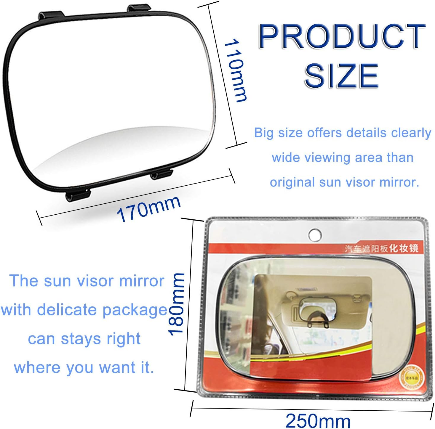 Car Visor Mirror - 6.7 Inch Auto Makeup Cosmetic Vanity Sun-Shading Mirror with Adjustable Double Elastic Clip Clamp Universal for Mount on Car Truck SUV Van Sun Visor