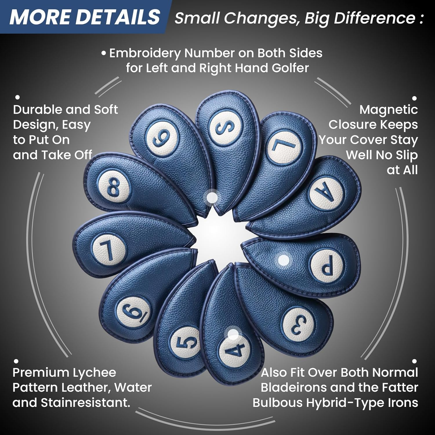 FINGER TEN Golf Club Covers for Irons Magnetic Value 11 Pack, Synthetic Leather Deluxe Head Cover Set Headcovers for Irons Fit Main Iron Clubs image number 3