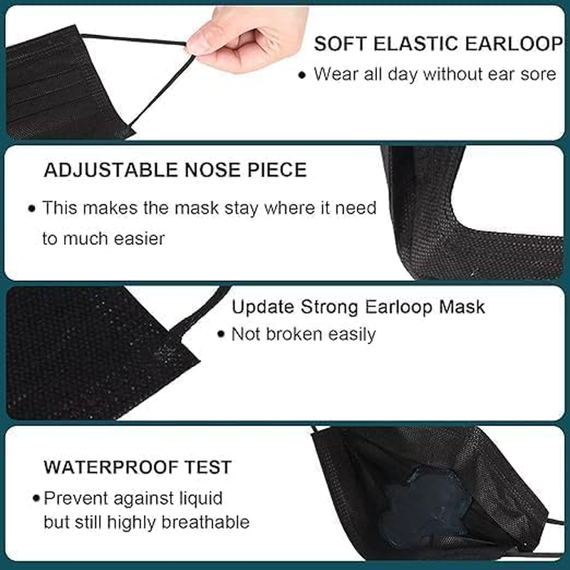 Disposable Face Masks, Black, 3-Ply, Individually Wrapped, Pack of 100 image number 4