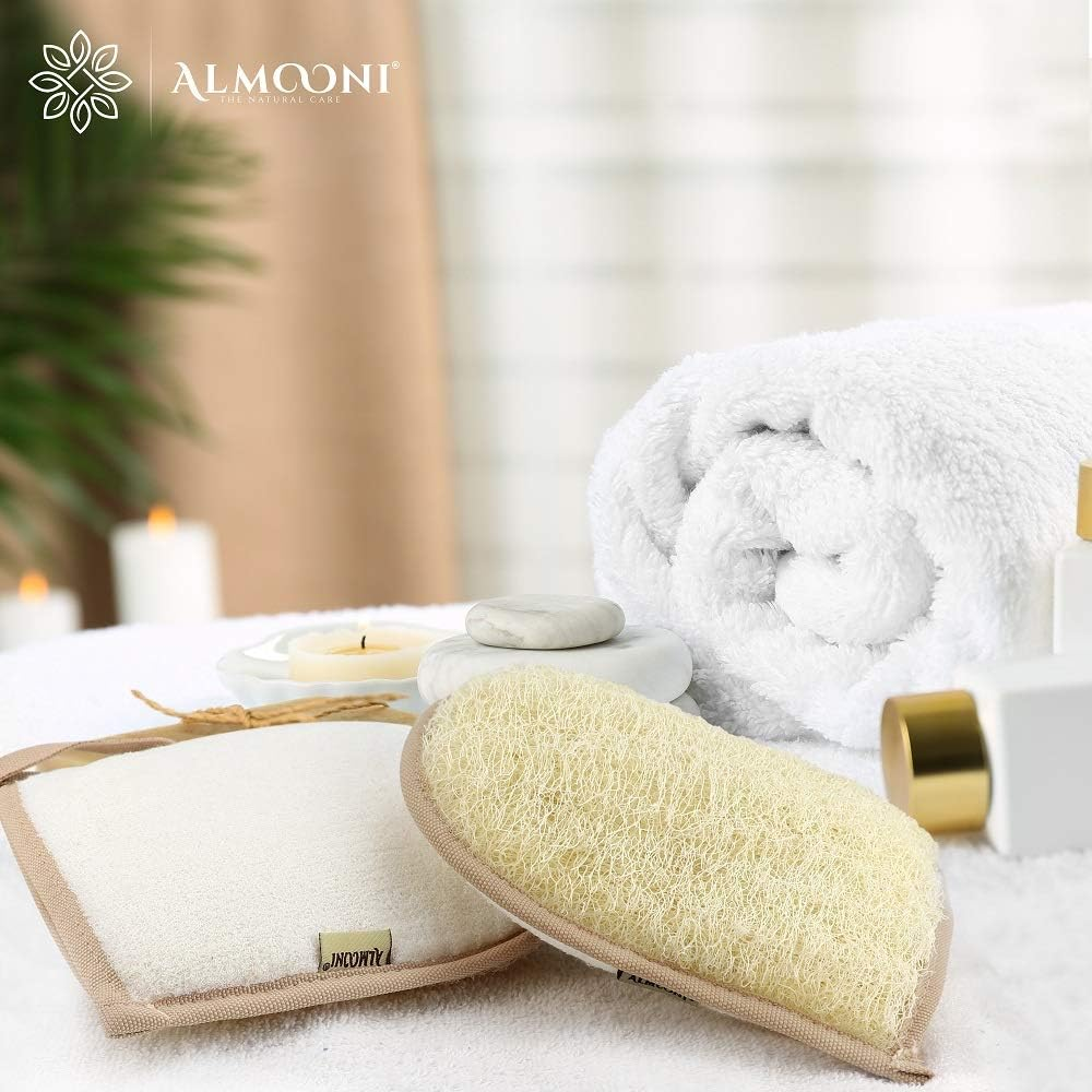 Premium Exfoliating Loofah Glove Pad Body Scrubber. Our Mitt Gloves Are Made of Natural Egyptian Shower Loufa Sponge and Soft Cotton Materials (2 Pack)