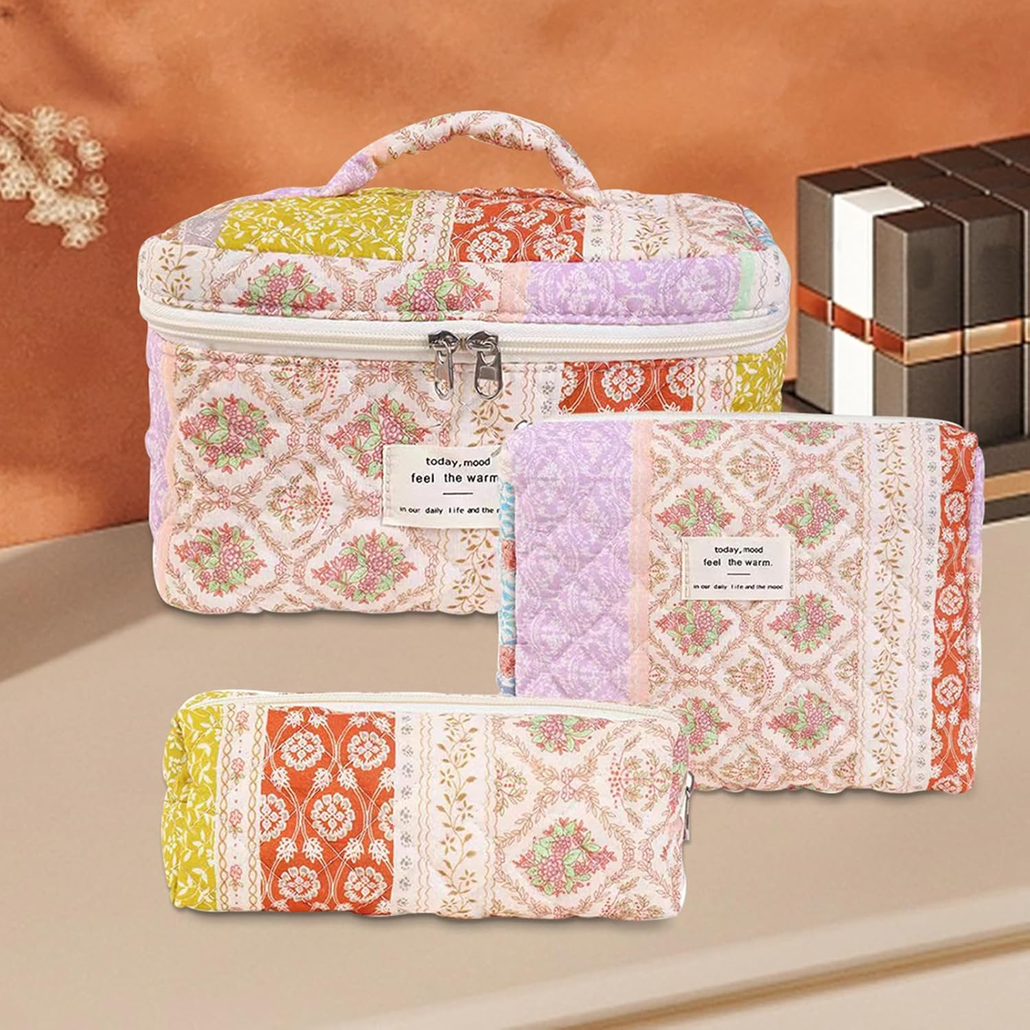 Toiletry Bag Set of 3, Floral Quilted Makeup Bag for Women, Large Capacity Aesthetic Floral Cosmetic Bags for Travel, Travel Skincare Cosmetic Organizer, Wash Organizer Pouch for Ladies Girls - B image number 6