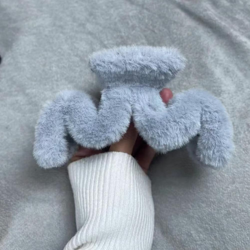 2 Pcs Fuzzy Fluffy Plush Large Hair Claw Clips Pink Blue Cute Wavy Hair Claws M-Shaped Jumbo Jaw Clips Strong Hold Hair Clips for Thick Long Curly Hair Women Girls (Leather Powder+Light Blue, One Size) image number 4