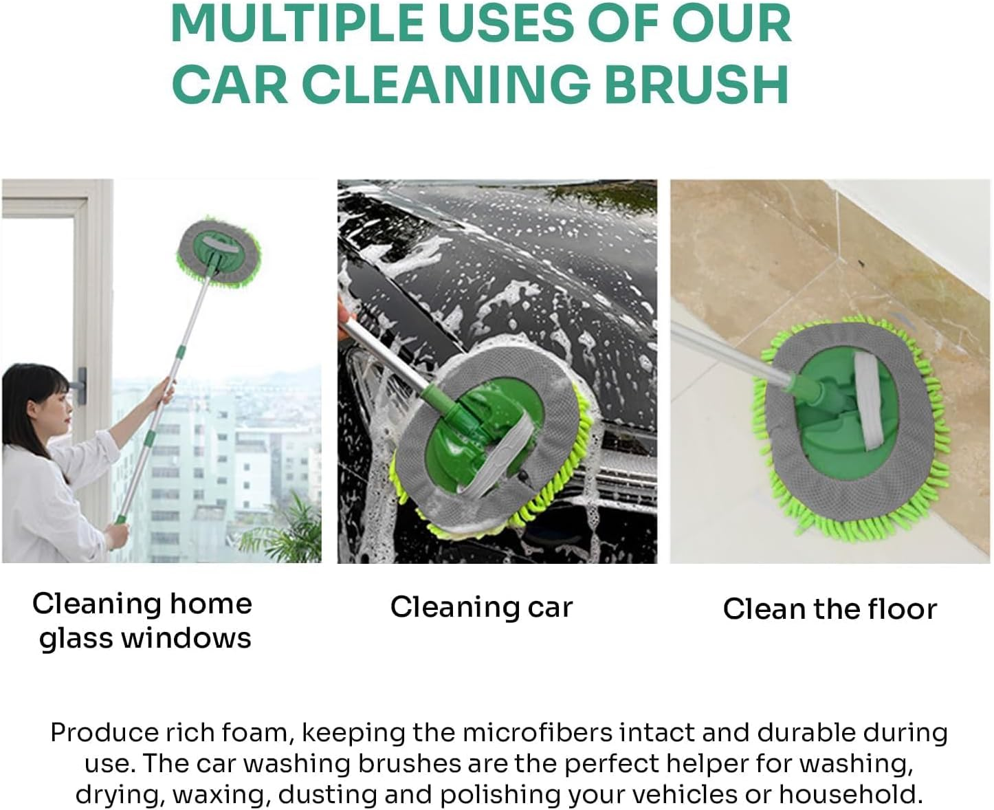 Car Wash Brush Kit with Long Handle, Extendable Long Handle Car Cleaning Brush, Extendable Pole Lengths 60-118Cm, Microfibre Mop with 2 X Scratch Free Mop Heads image number 2