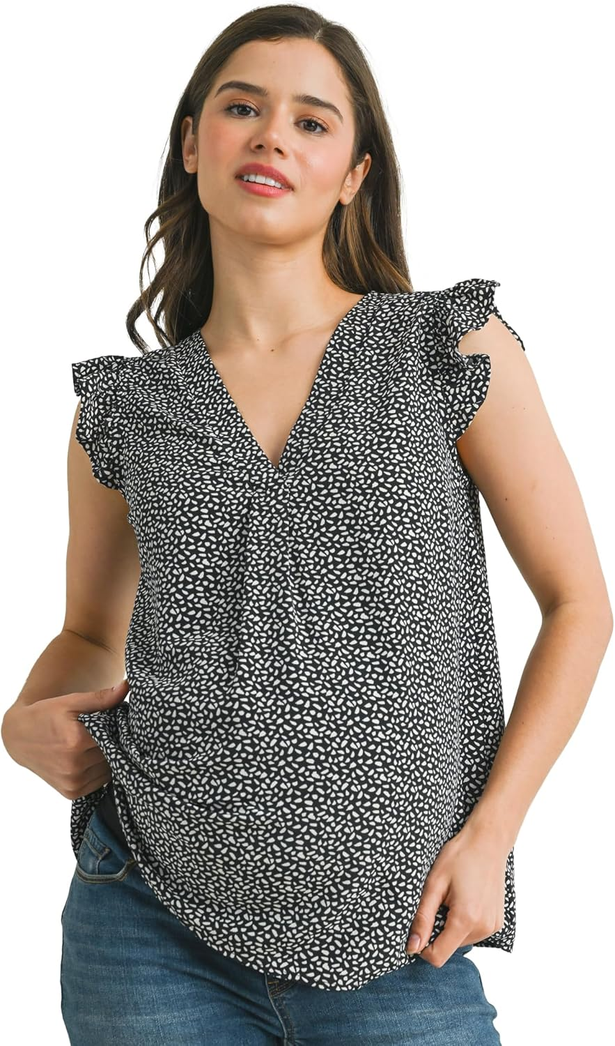 Laclef Women'S Swiss Dot V Neck Ruffle Cap Sleeve Maternity Top