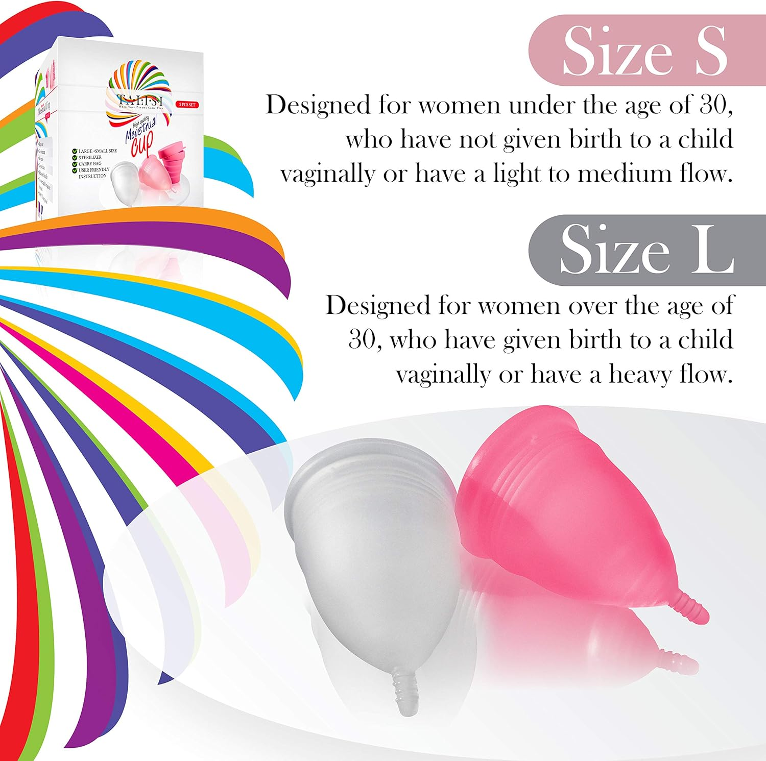Talisi Menstrual Cups Set of 2 with Collapsible Cleaner Silicone Sterilizer - Soft Reusable Period Kit - Tampon Pads Disc Alternative - Menstruation Feminine Cup Regular, Heavy Flow (Small & Large) image number 6