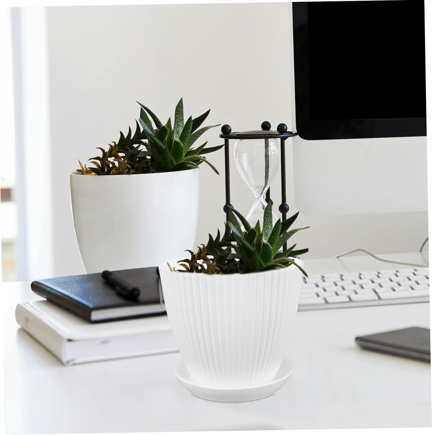 5Pcs White Vertical Striped with Drainage Holes for Indoor and Cacti Reusable Pots for Plants Sustainable Gardening image number 2